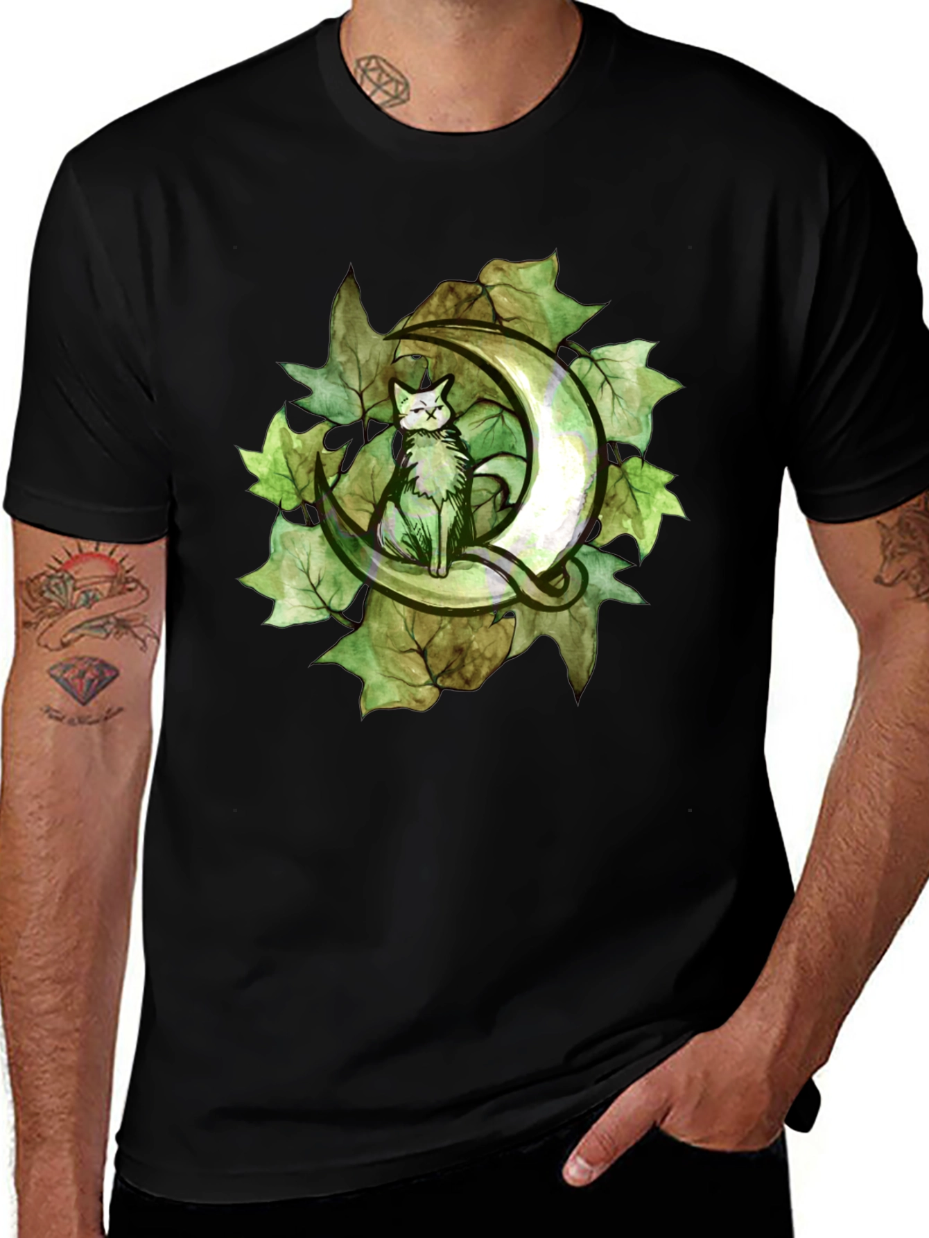 Variant 28 of Cat on Crescent Moon T-Shirt - Green Leaf Design
