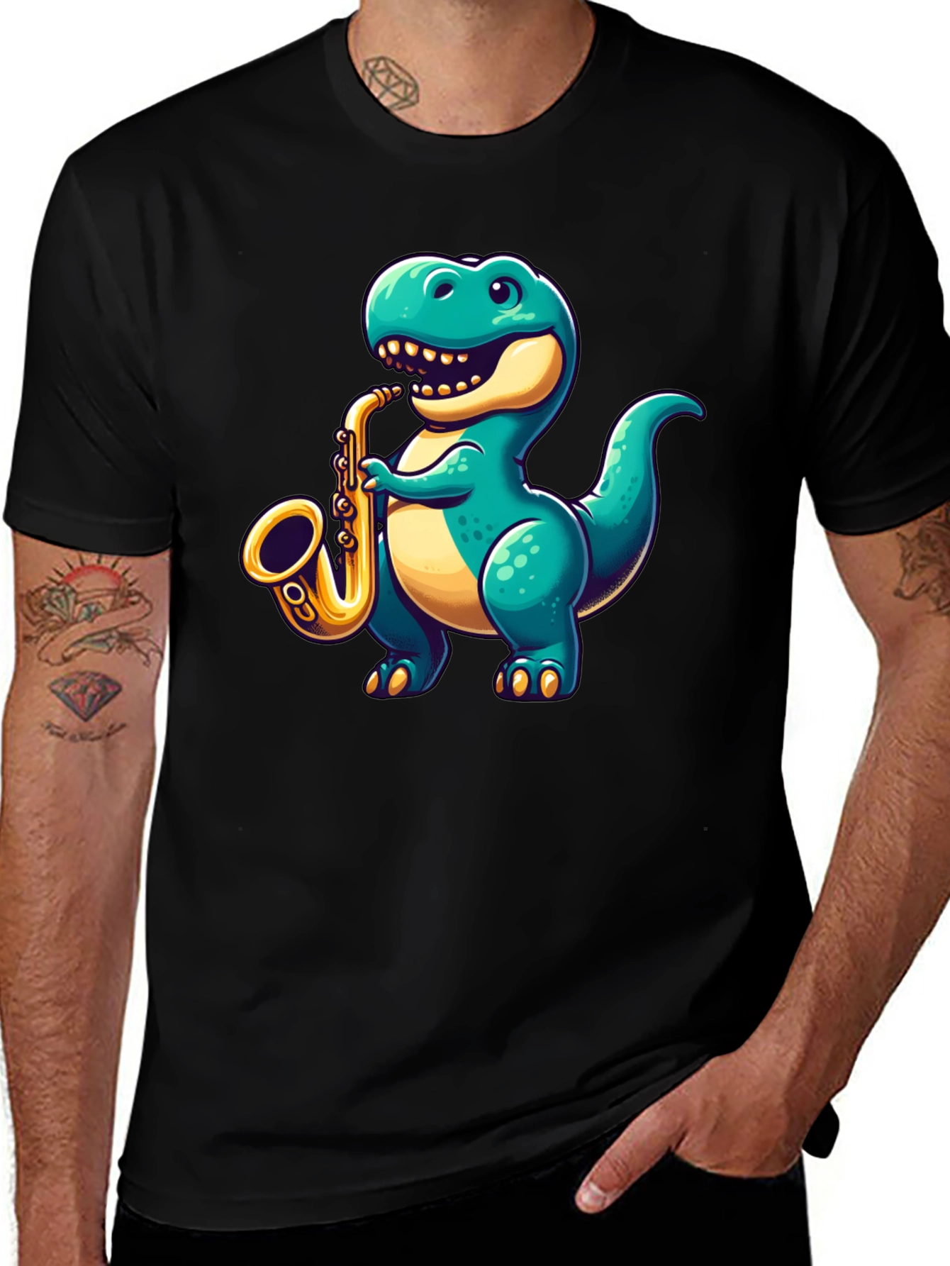Dino Sax T-Shirt: Cool Cartoon Rex Design