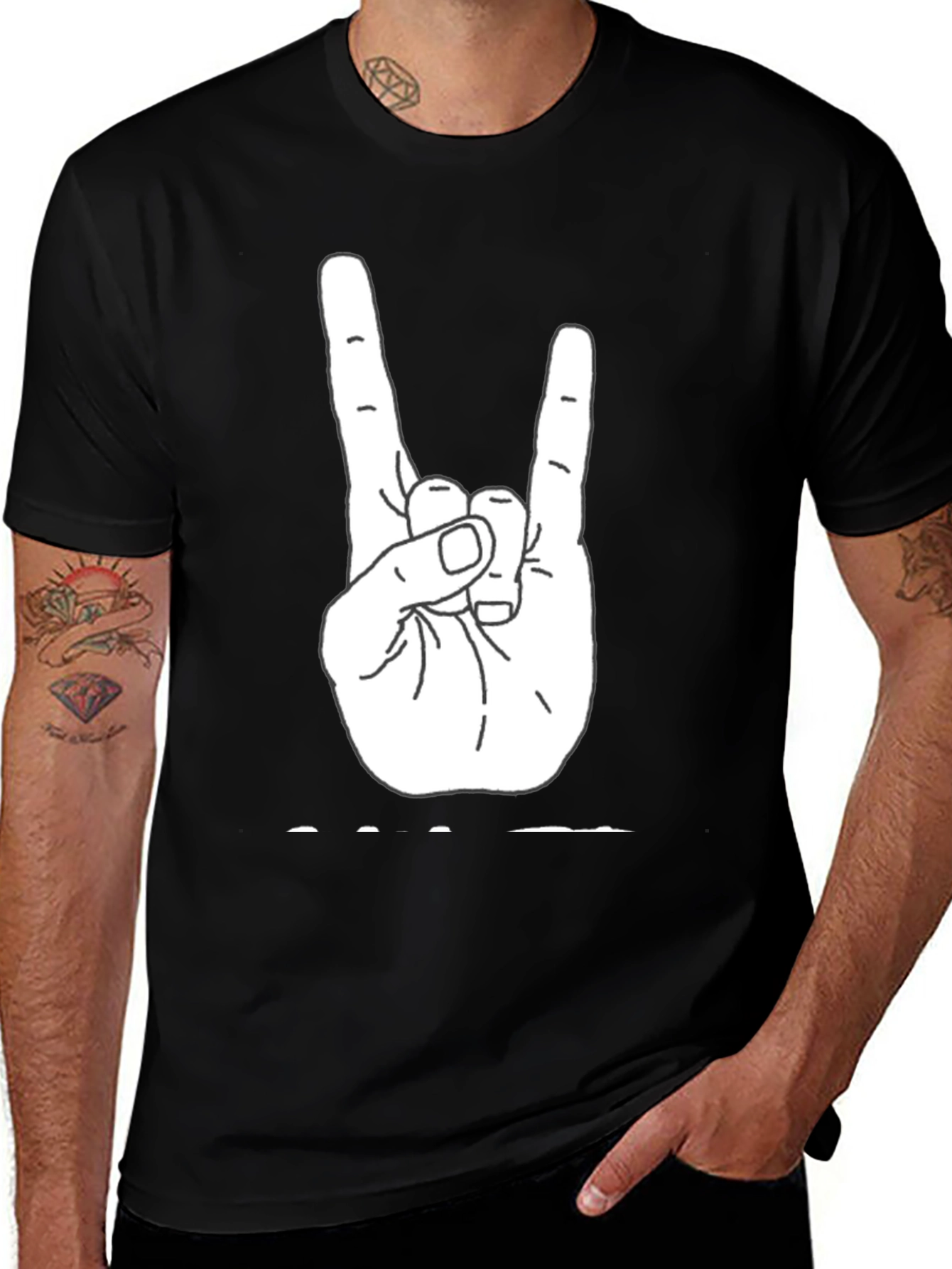 Variant 19 of Rock On Hand Sign Graphic Tee - Black Cotton T-Shirt