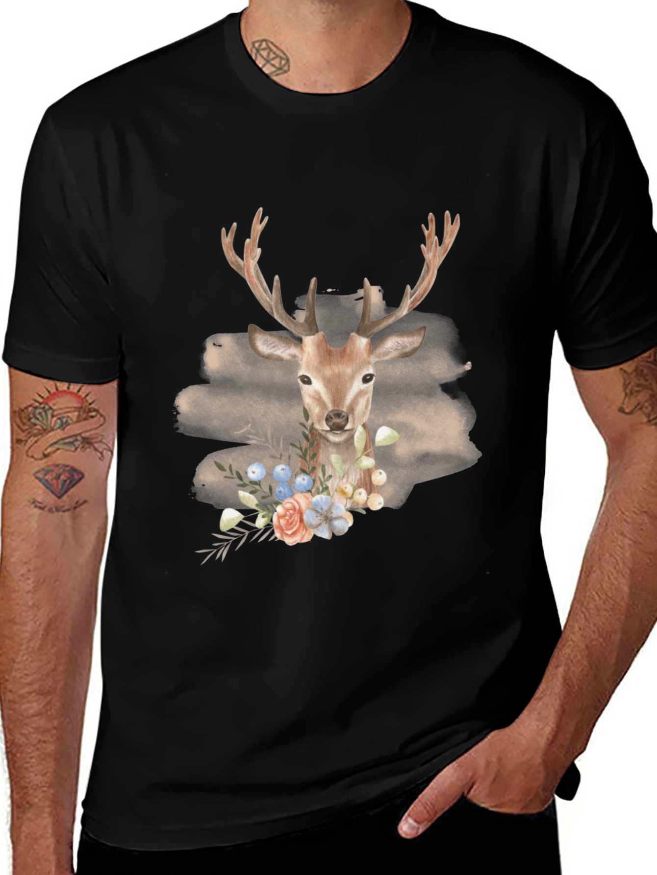 Variant 18 of Deer Floral Graphic Print Tee - Men's Black T-Shirt