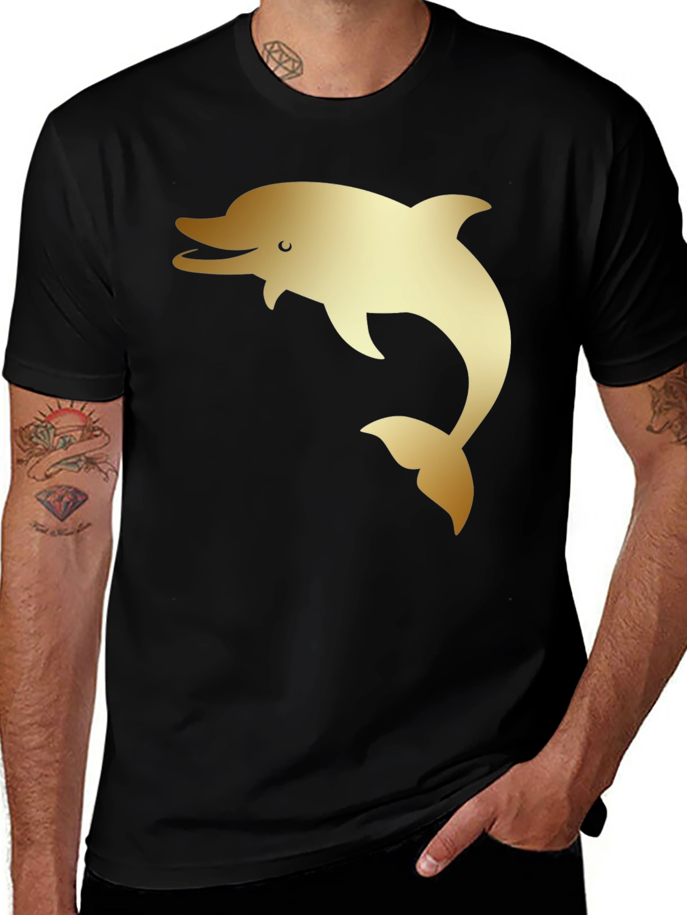 Variant 9 of Men's Black T-Shirt with Golden Dolphin Print