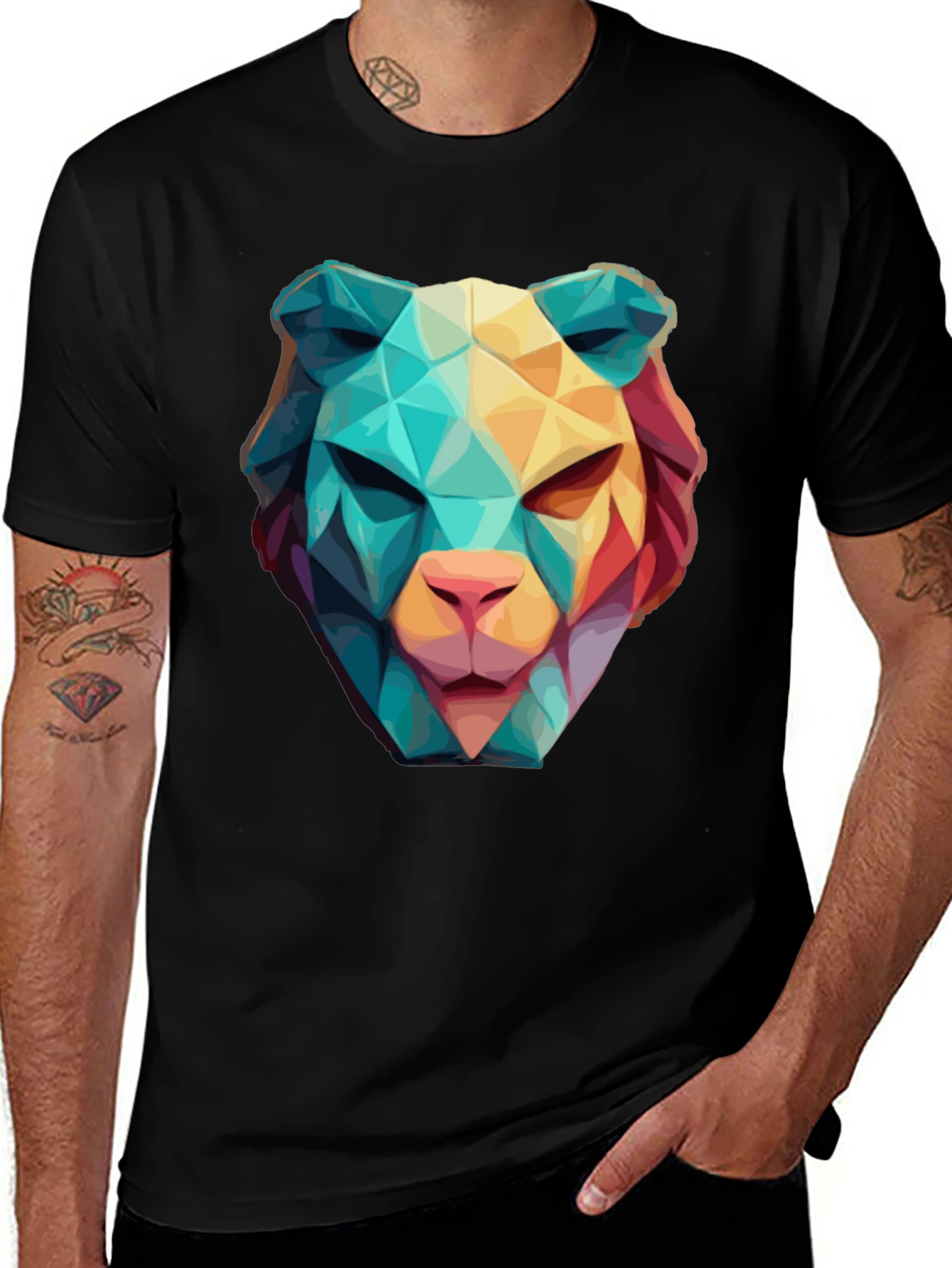 Variant 6 of Geometric Lion Graphic Black T-Shirt