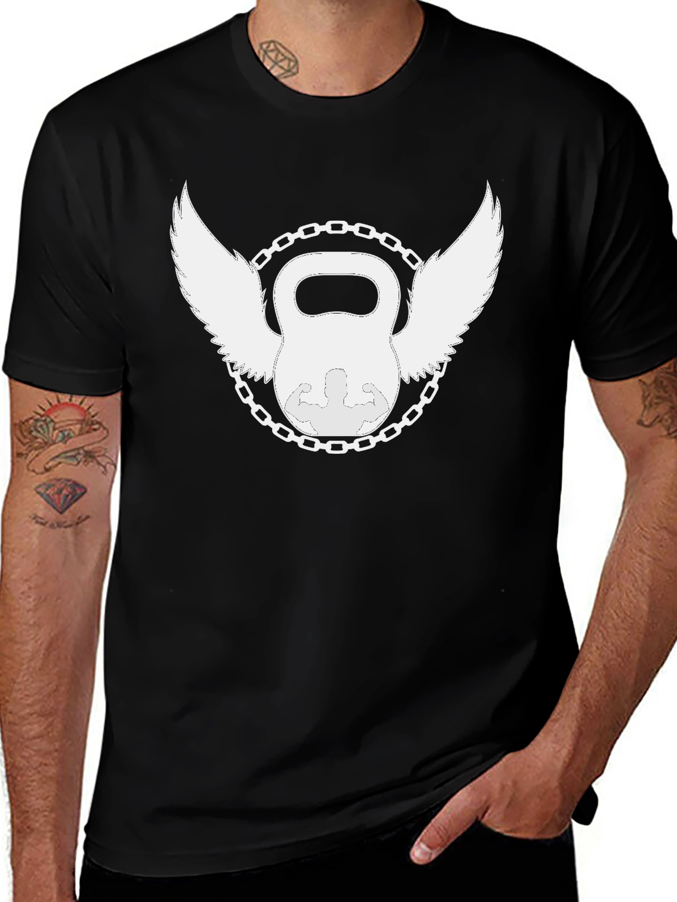Variant 10 of Winged Kettlebell Black T-Shirt - Gym Fitness Design