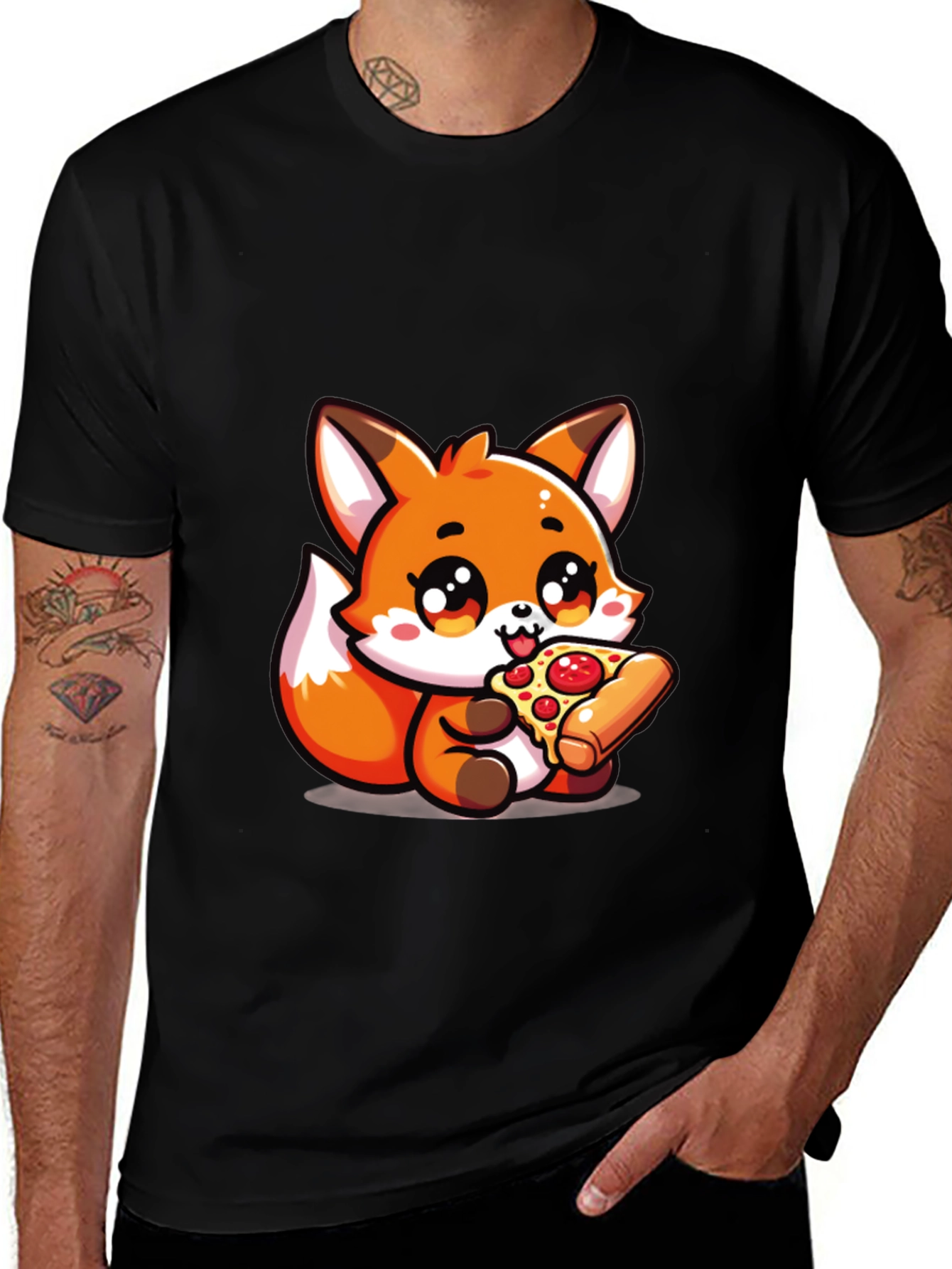 Variant 21 of Cute Fox Pizza Lover Black T-Shirt