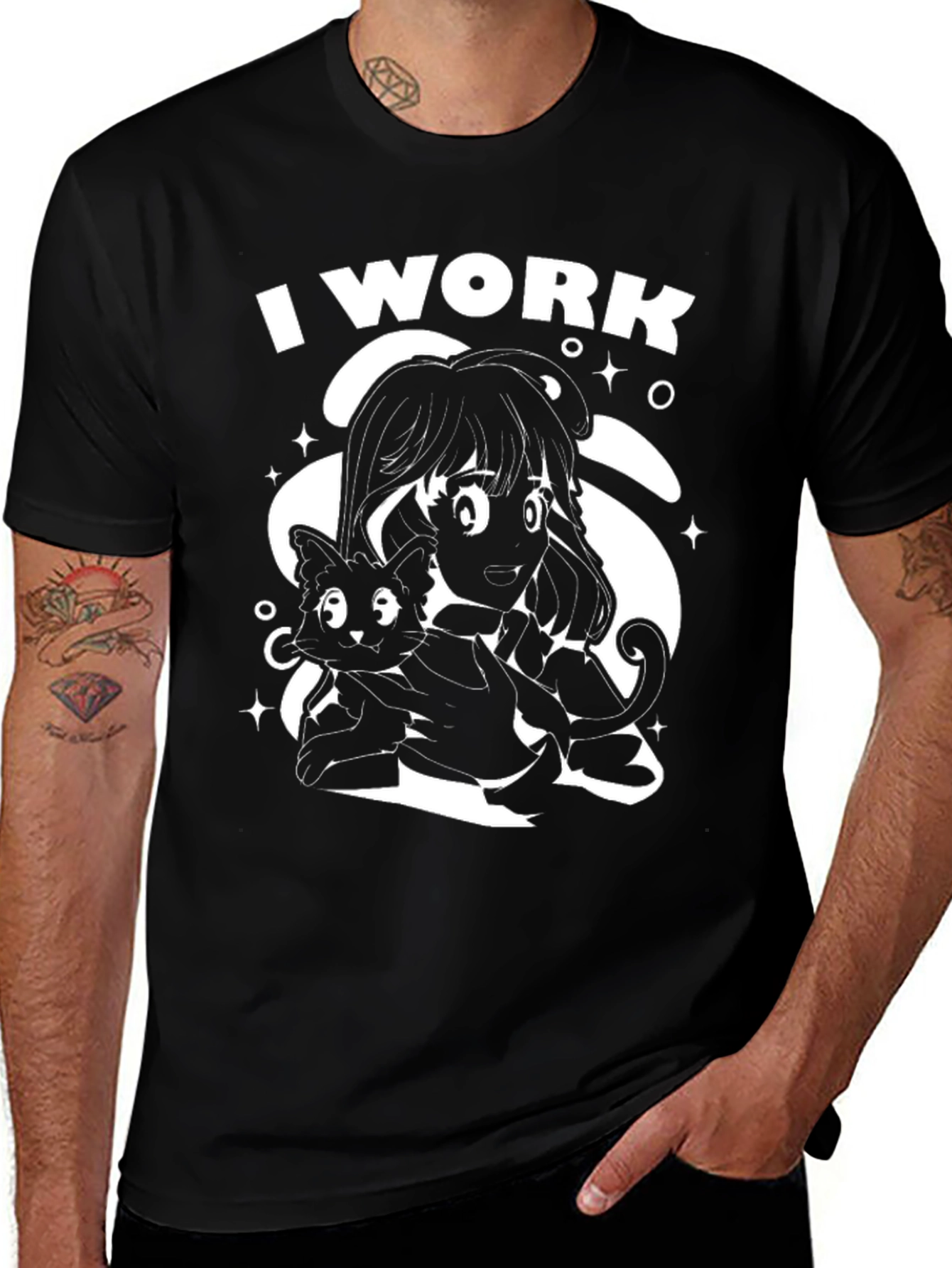 Variant 26 of I Work T-Shirt, Anime Cat Graphic Tee