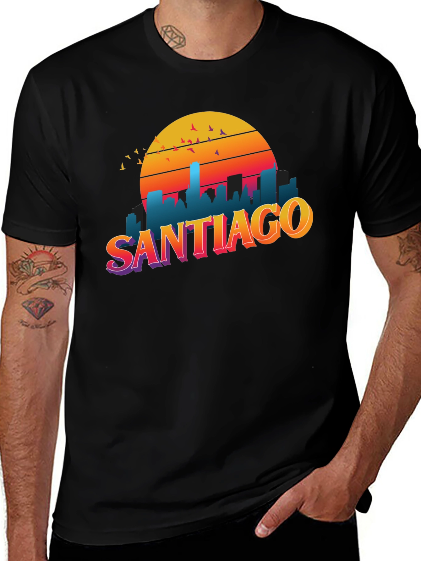 Santiago Sunset Graphic Tee - Retro Style Black T-Shirt