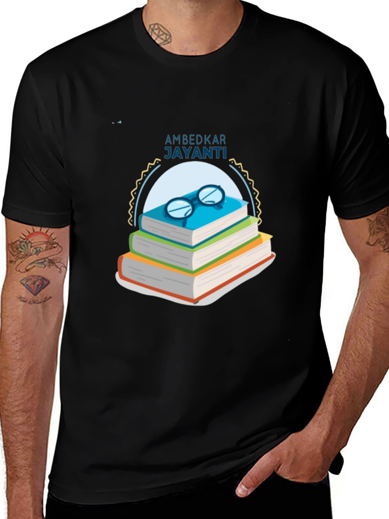 Ambedkar Jayanti T-Shirt: Stacked Books & Glasses Design