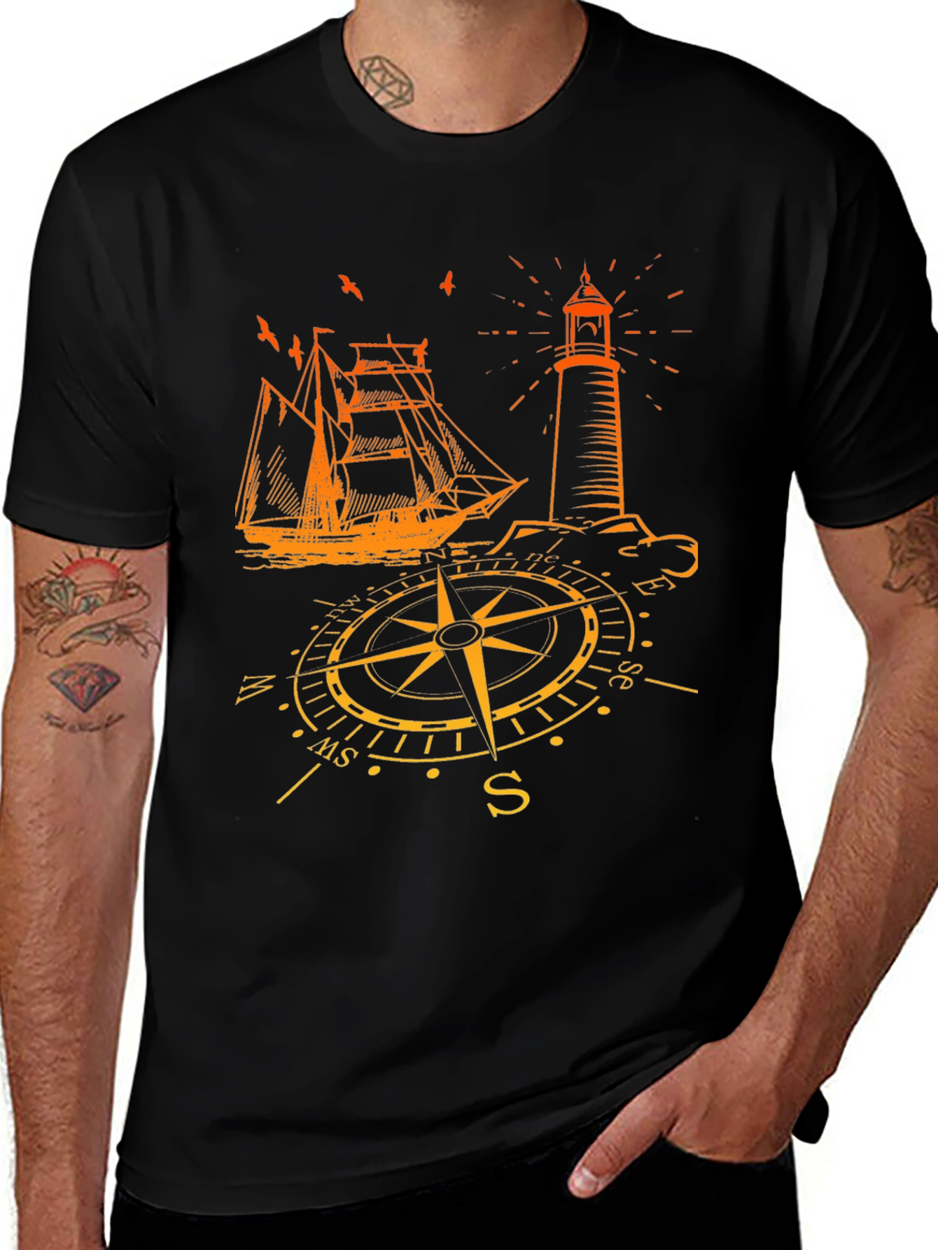 Variant 23 of Nautical Compass, Lighthouse & Ship Graphic Tee
