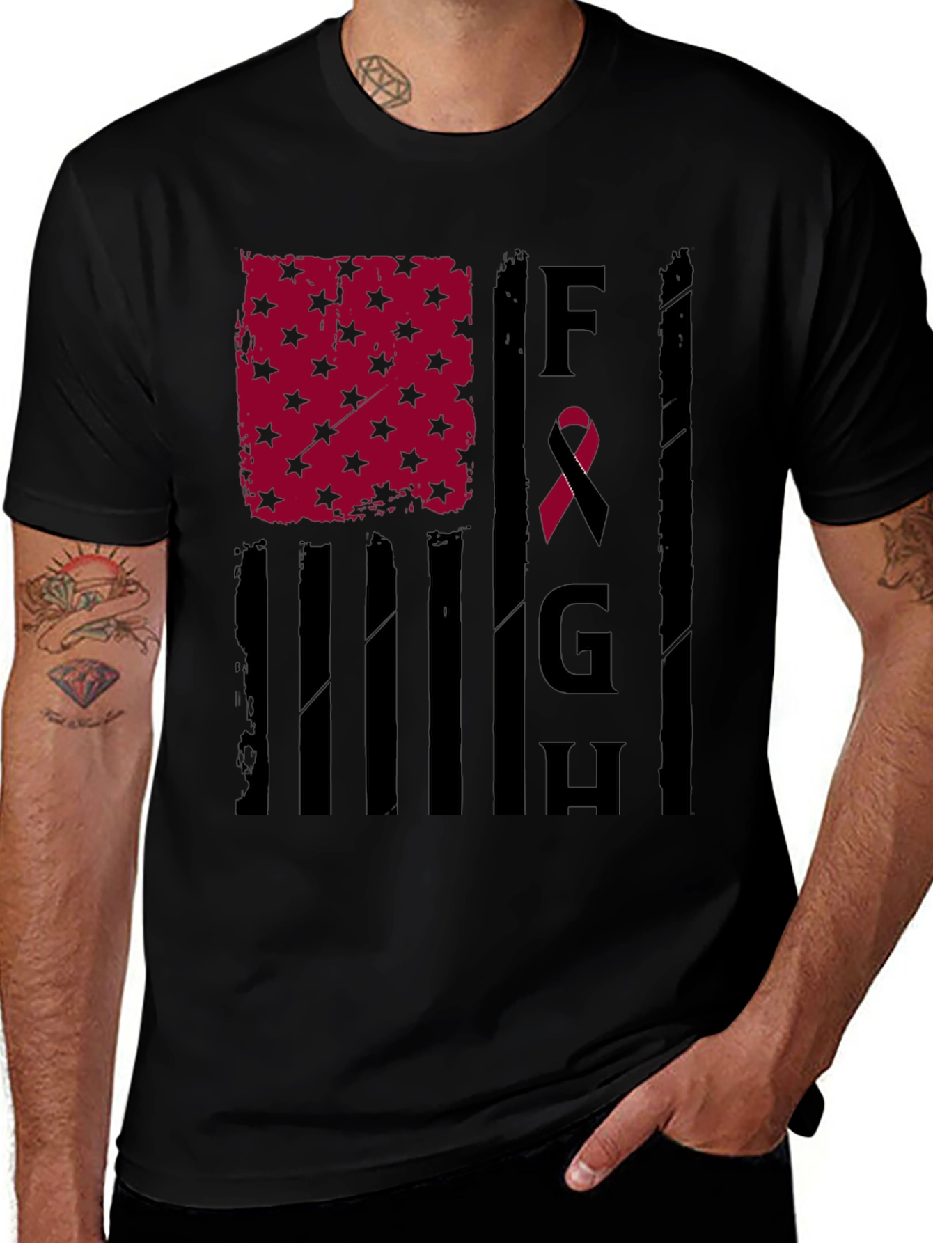 Variant 5 of Fight T-Shirt: American Flag Breast Cancer Awareness