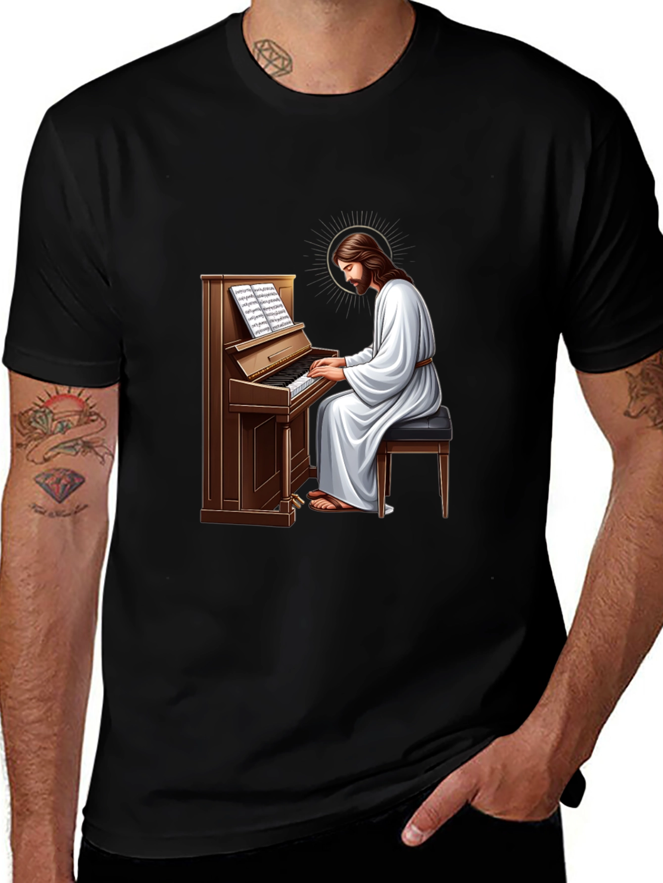 Variant 27 of Jesus Playing Piano Graphic T-Shirt - Black