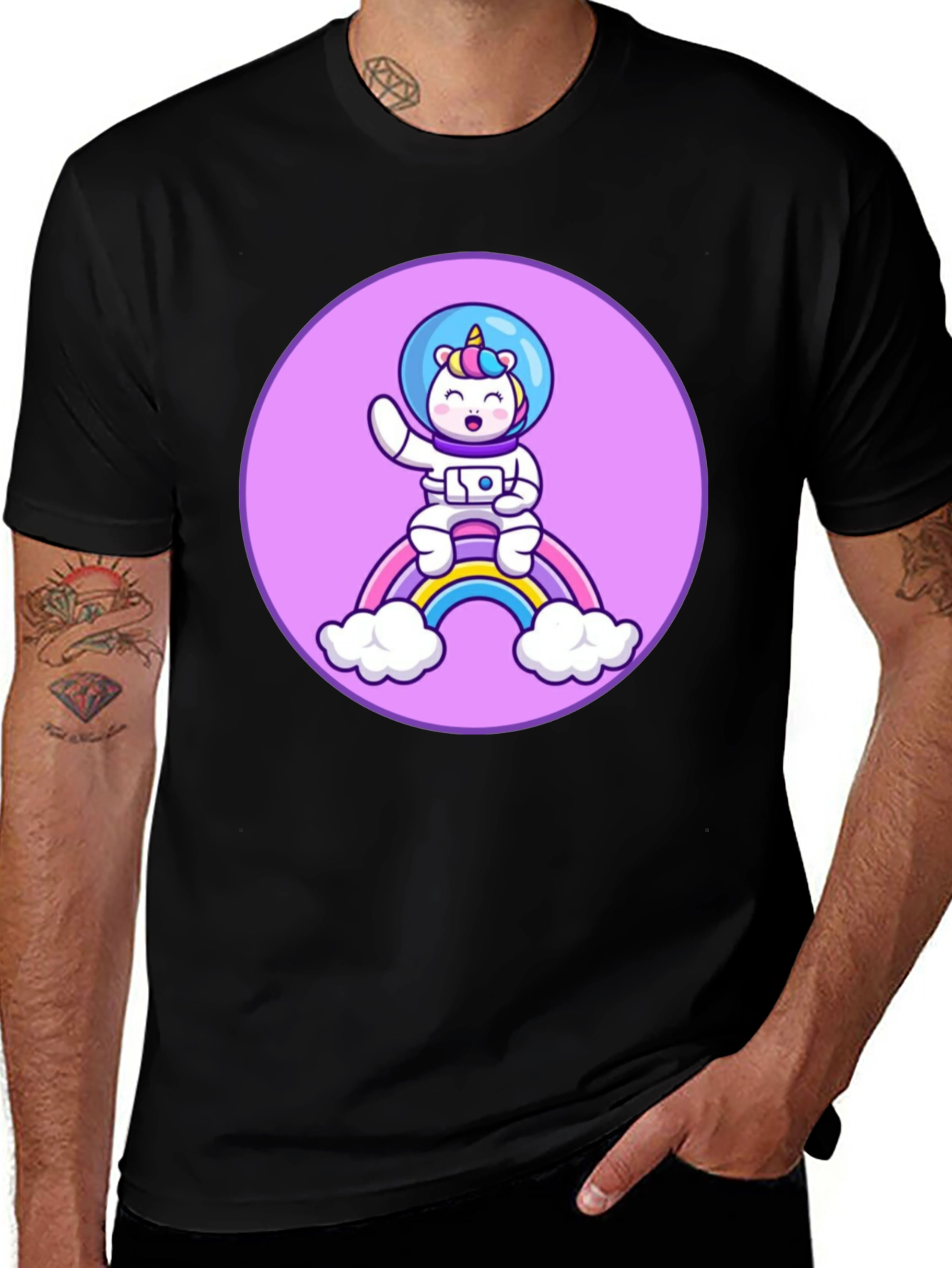 Variant 6 of Unicorn Astronaut Rainbow T-Shirt - Black Cotton Tee