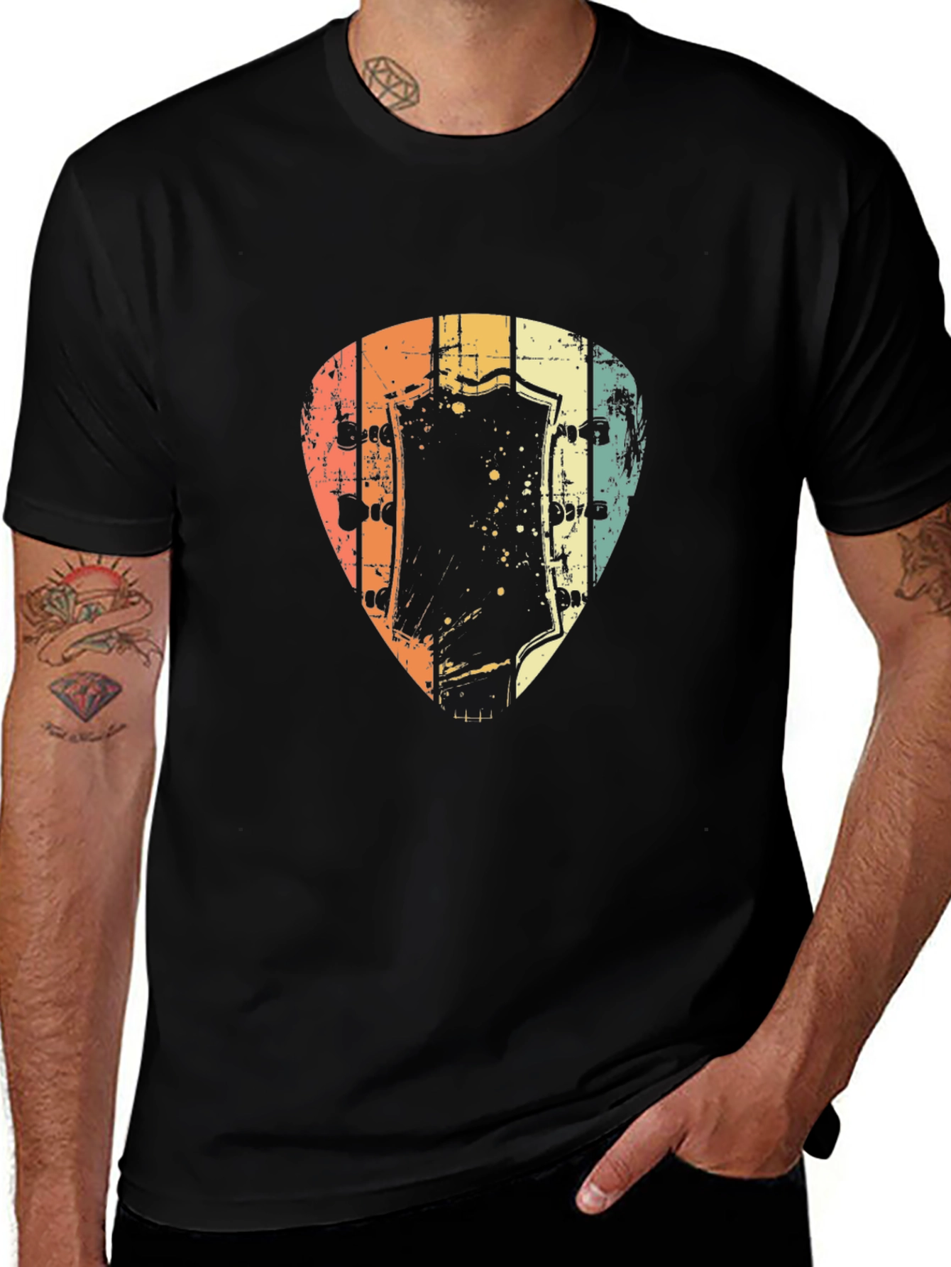 Retro Guitar Pick Graphic Tee - Black Cotton Blend