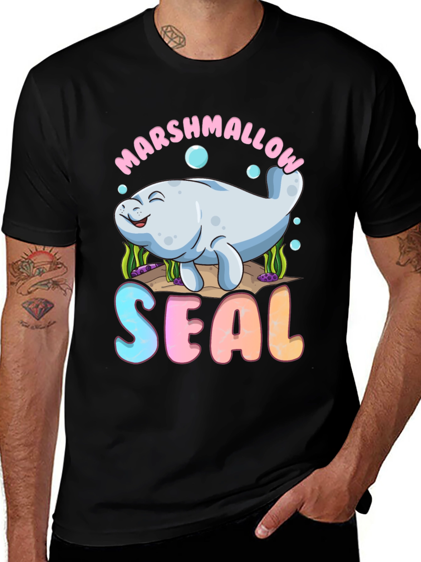 Variant 16 of Marshmallow Seal Black T-Shirt - Cute Kawaii Design