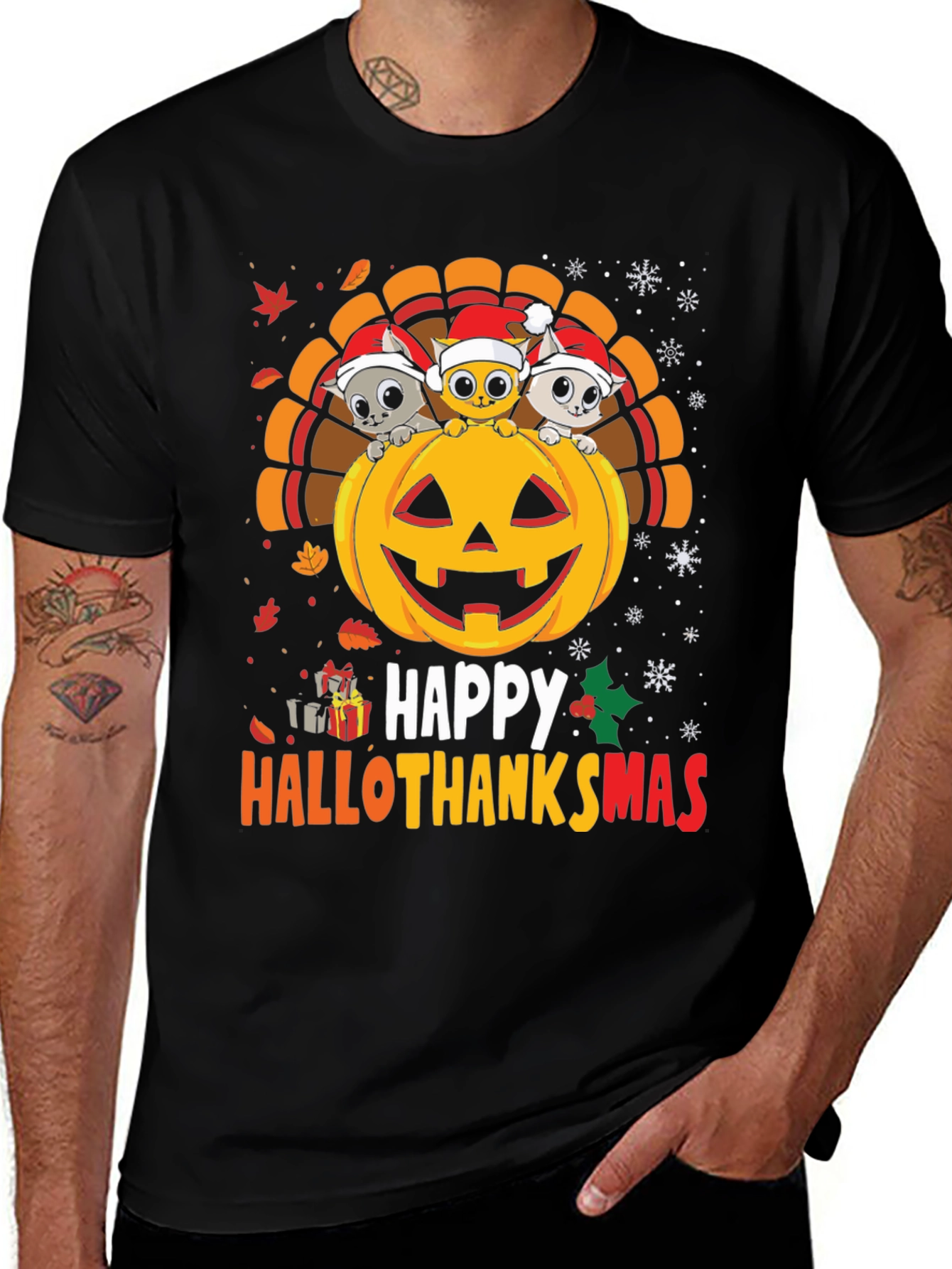 Black Happy Hallothanksmas T-Shirt main image