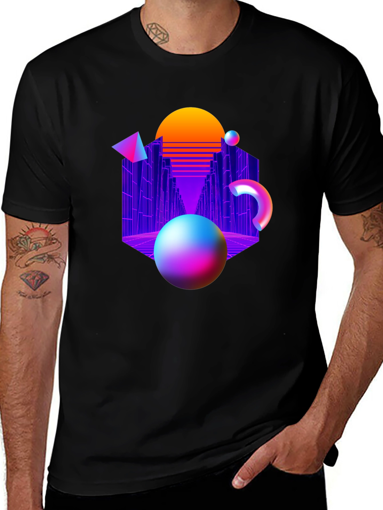 Variant 21 of Retro Wave Black T-Shirt - Geometric Design