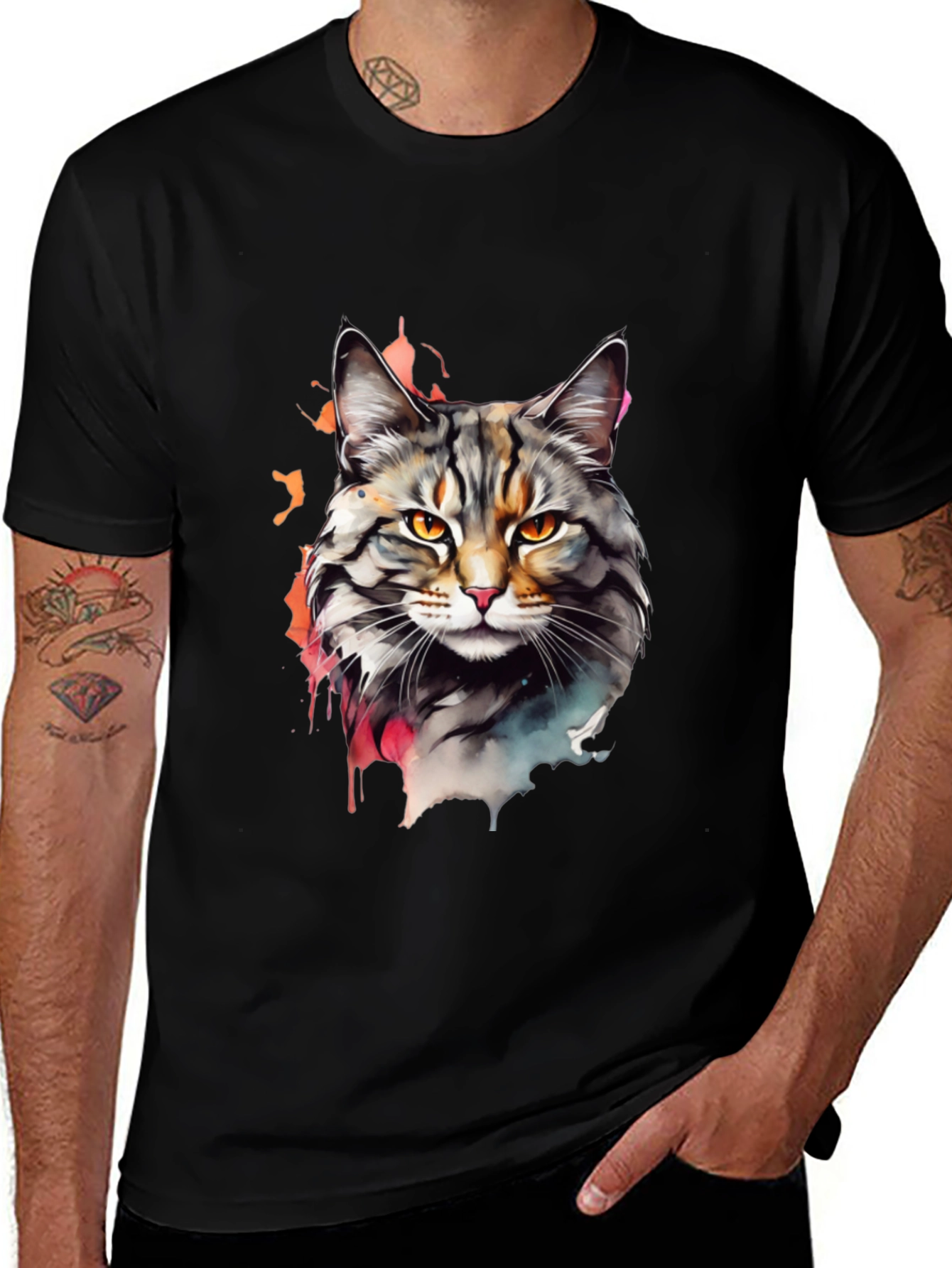 Variant 16 of Watercolor Cat Graphic Tee - Men's Black T-Shirt