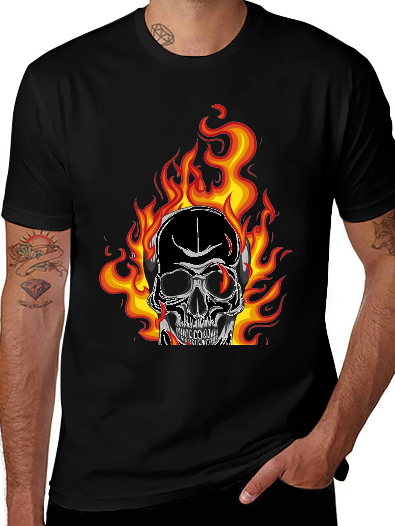 Variant 14 of Flaming Skull Graphic Tee - Black Cotton T-Shirt