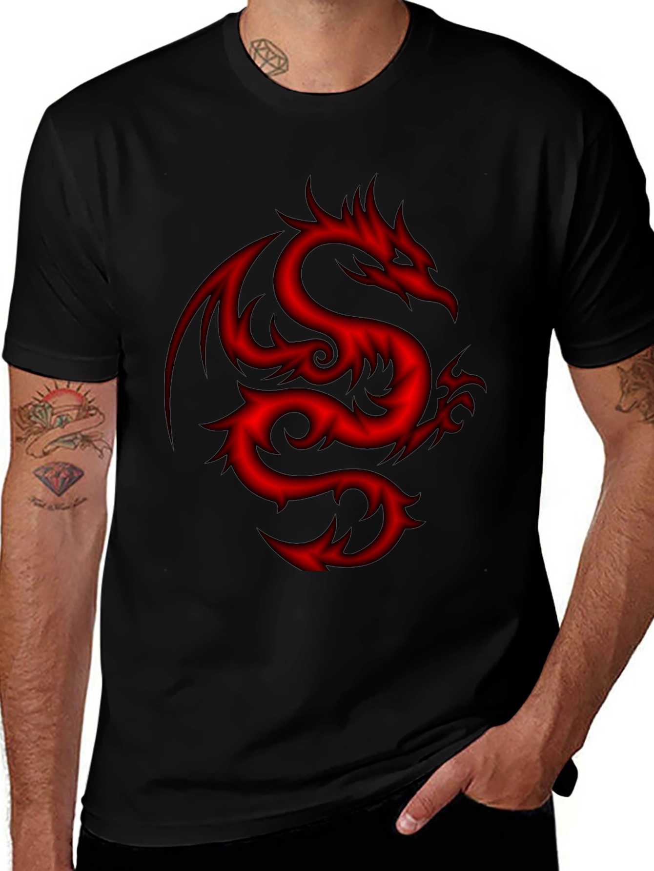 Men's Black T-Shirt with Red Dragon Design
