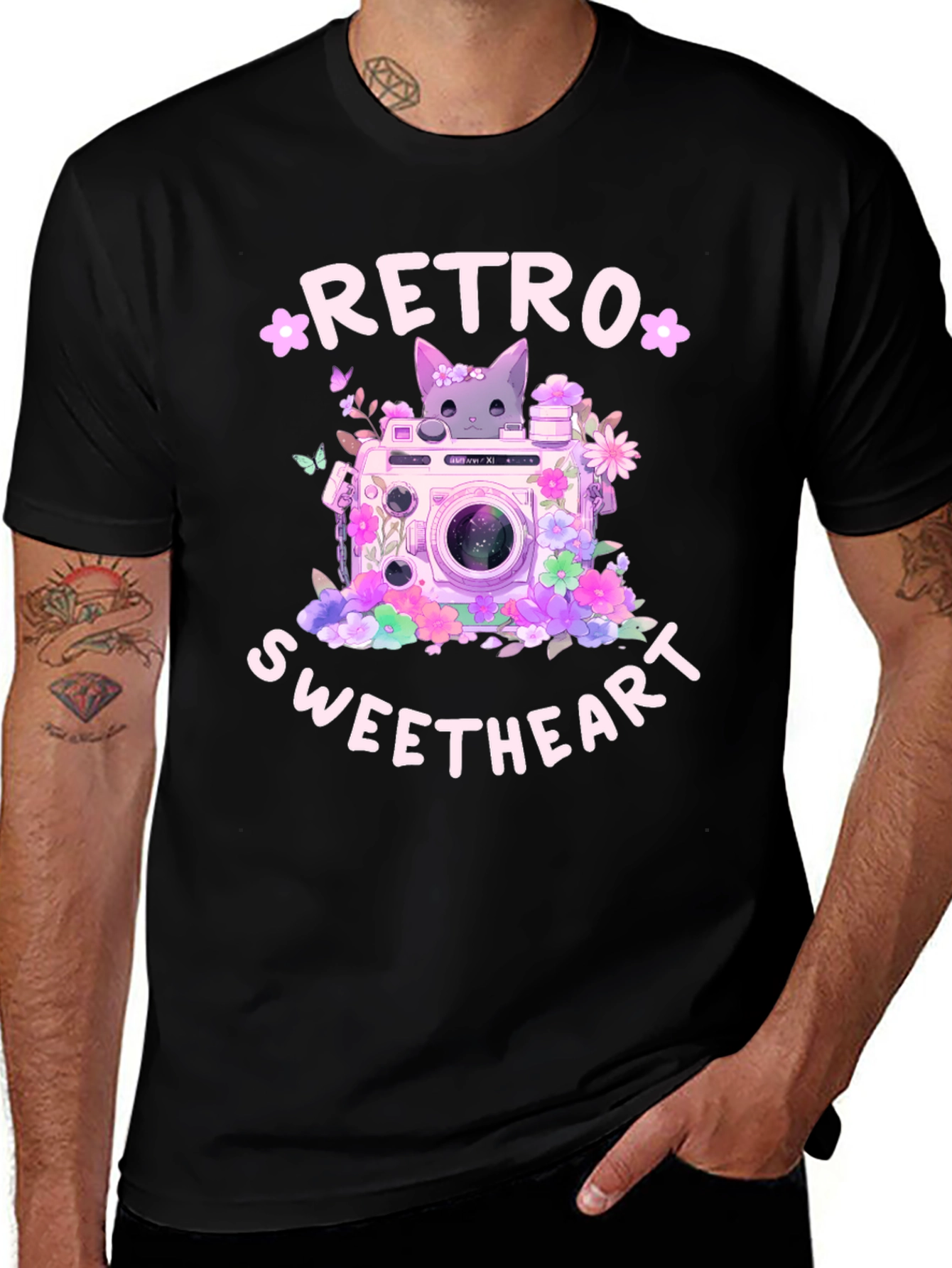 Retro Sweetheart Graphic Tee - Camera & Cat Design