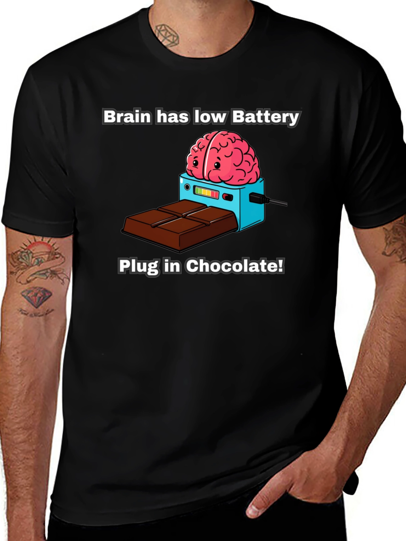 Variant 13 of Brain Low Battery T-Shirt - Plug in Chocolate!