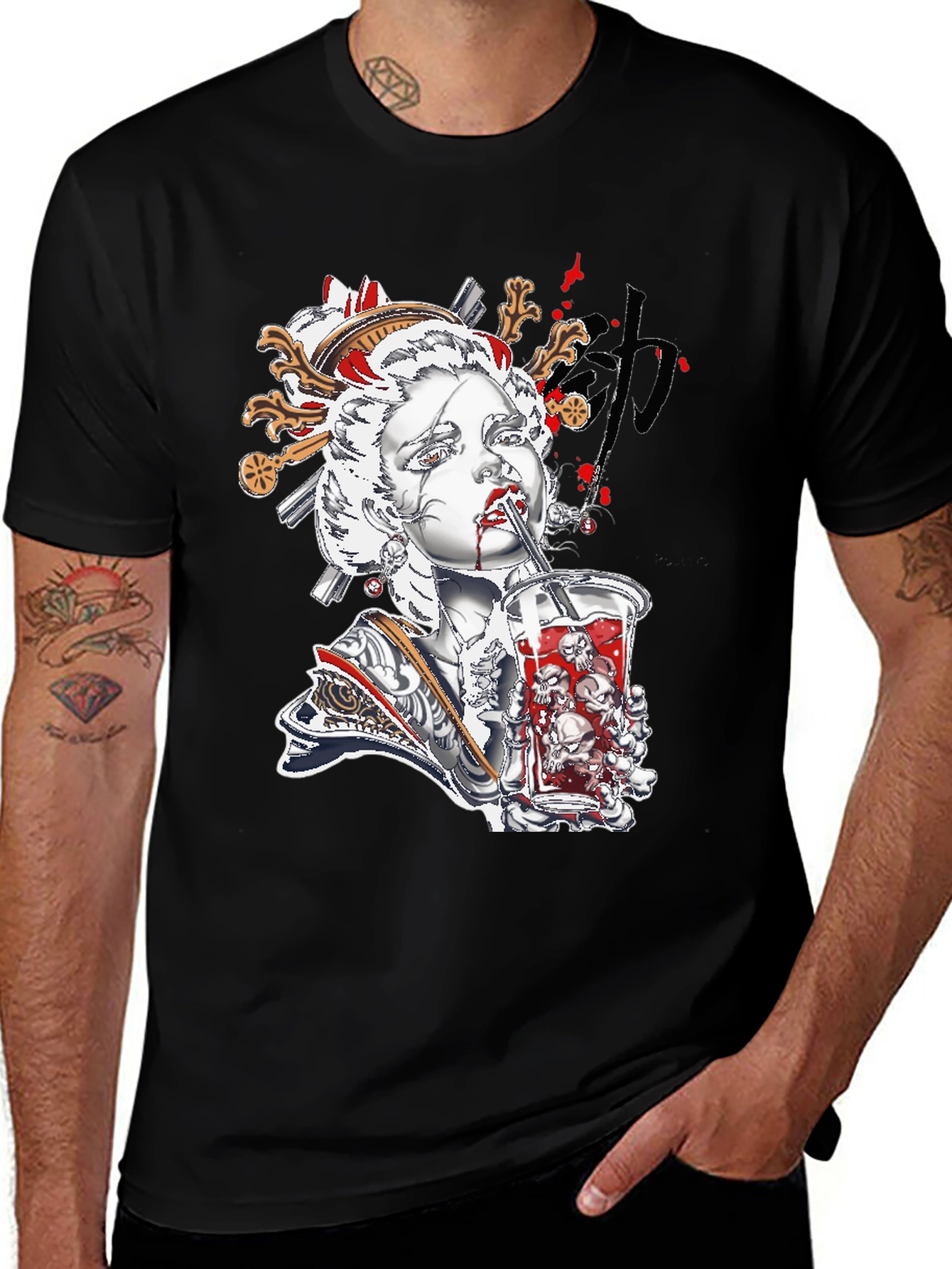 Variant 7 of Geisha Skull Drink Graphic Black Tee
