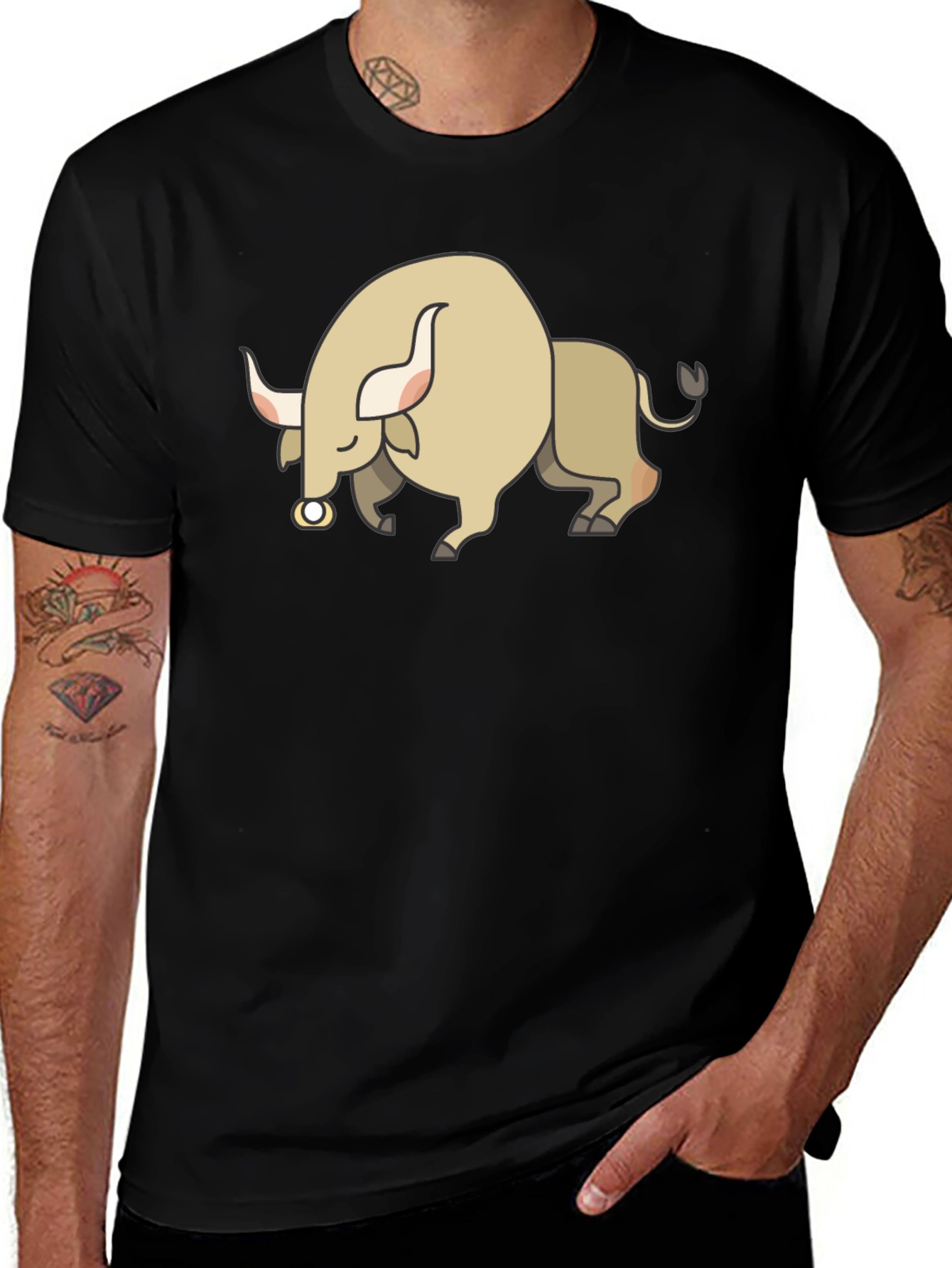 Variant 5 of Cartoon Bull Graphic Tee - Black Cotton Blend