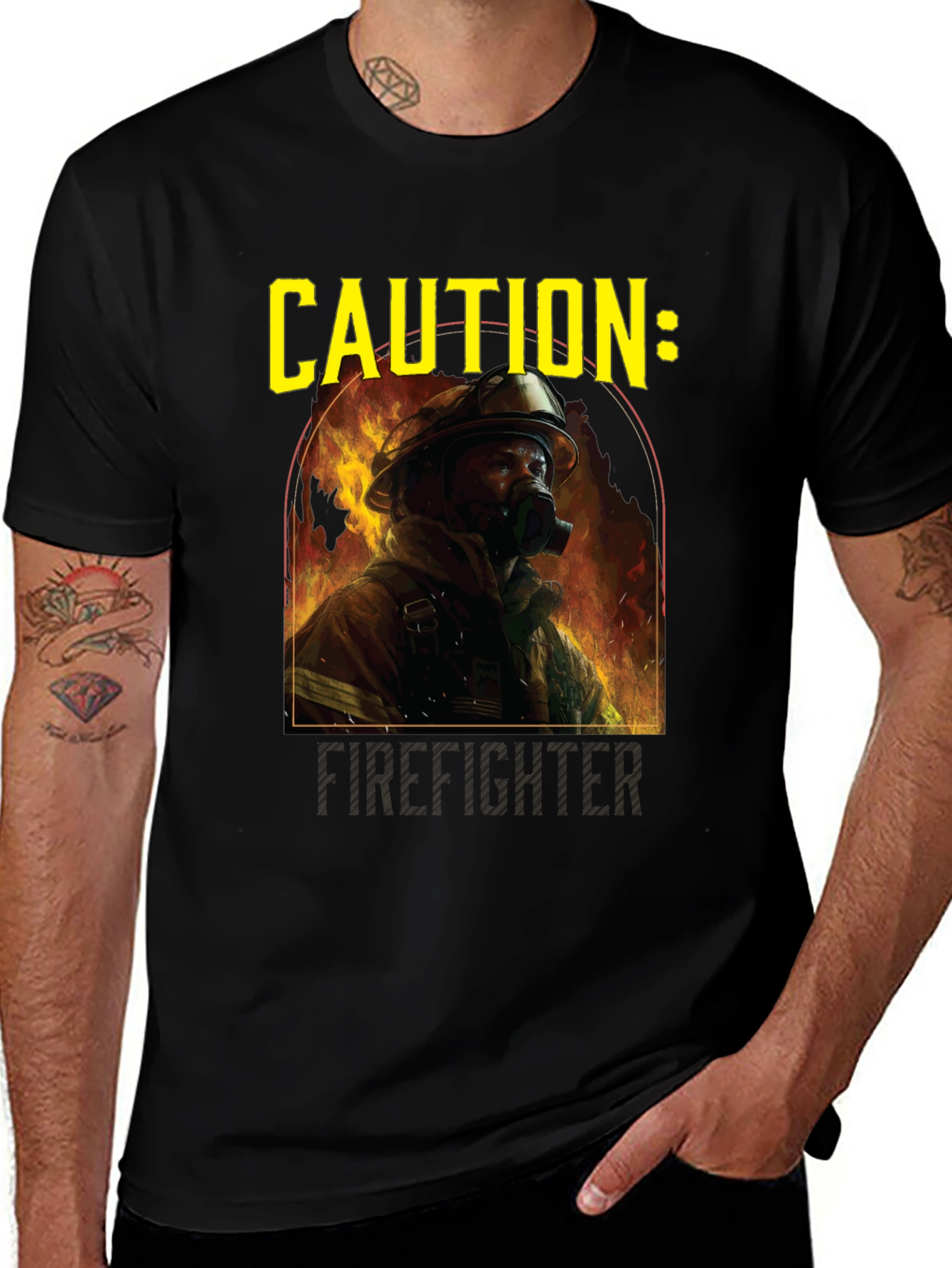 Variant 20 of Caution Firefighter Graphic Tee - Black