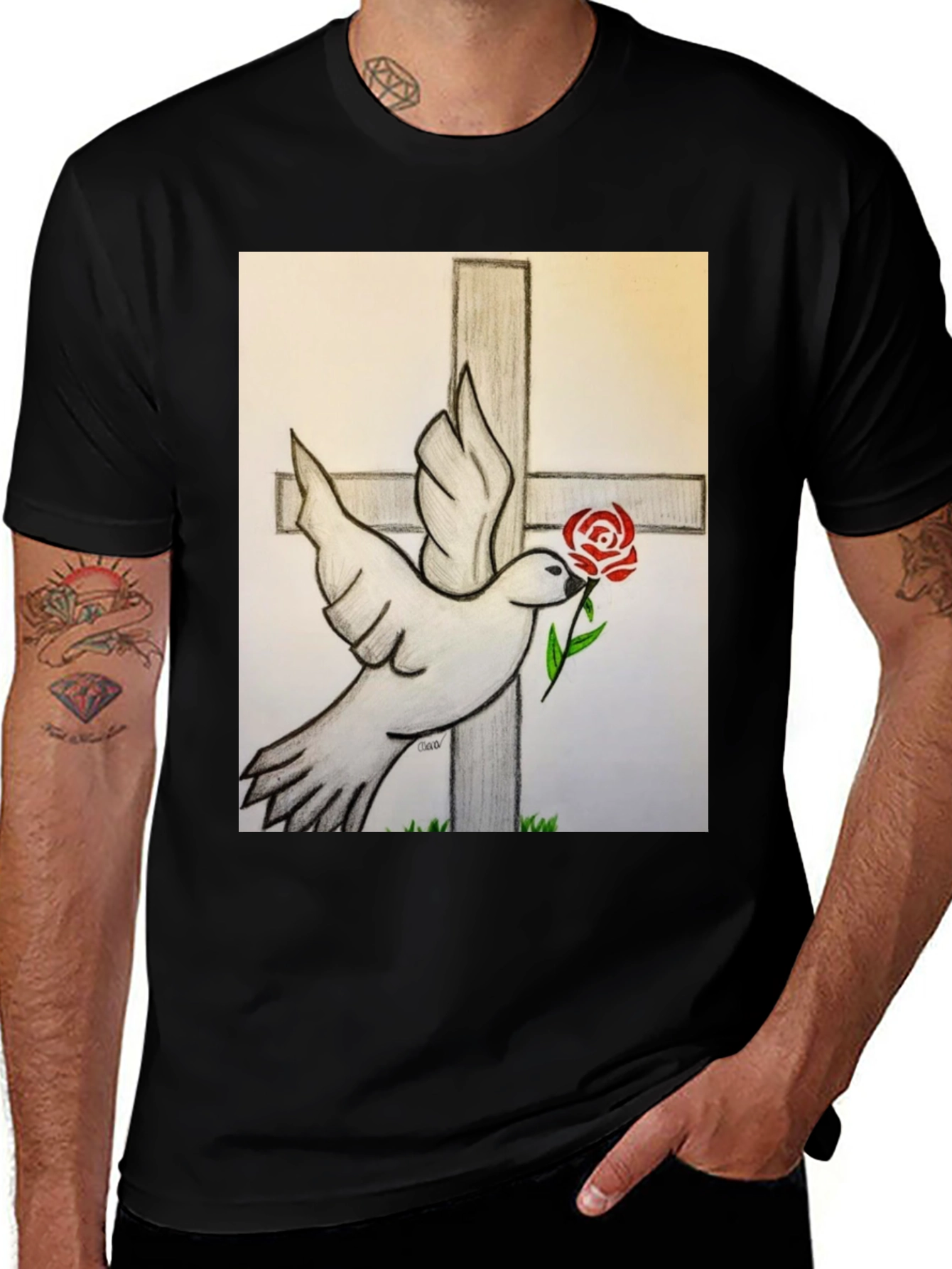 Variant 10 of Dove and Rose Graphic Tee - Black