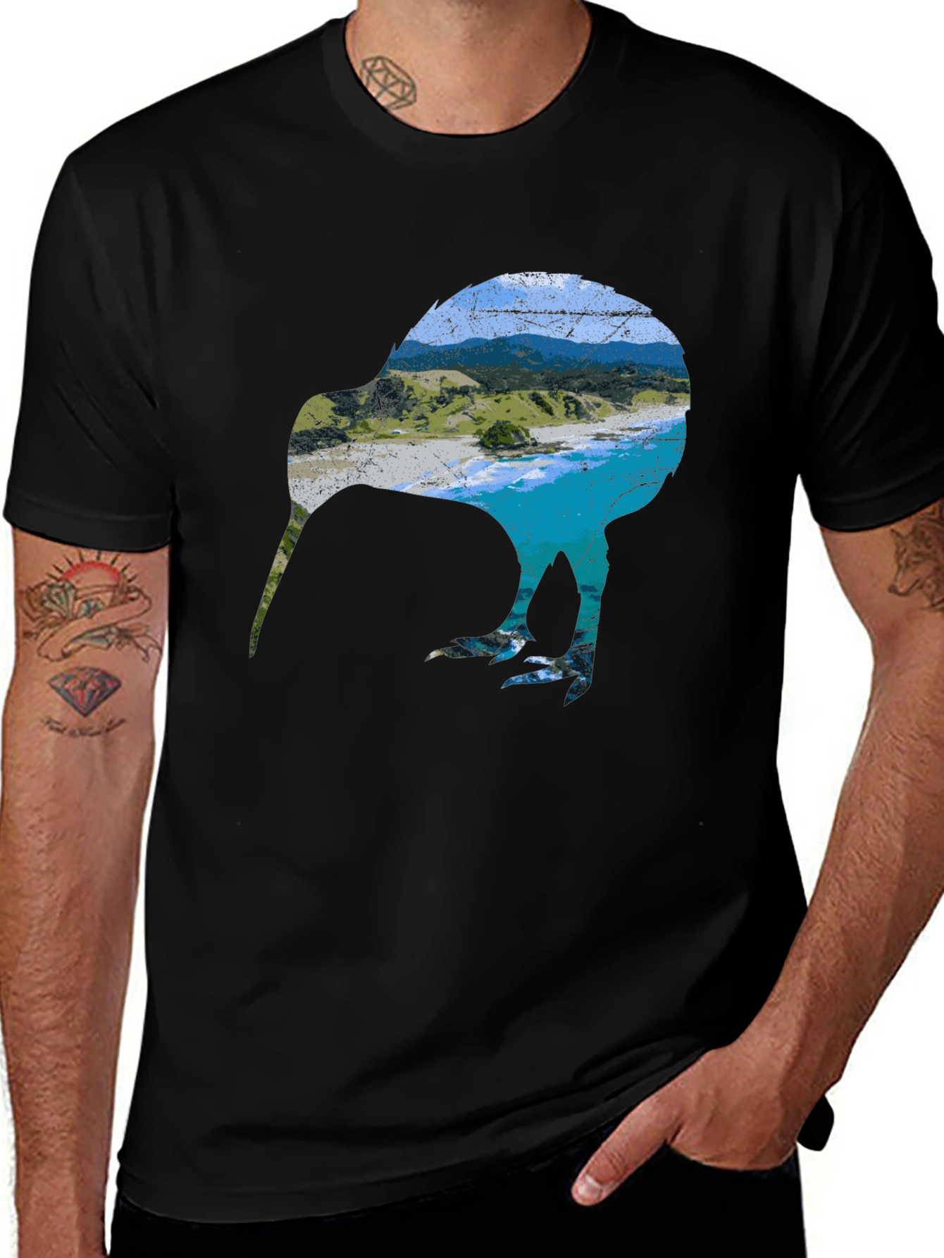 Kiwi Bird Landscape Graphic Tee - Black