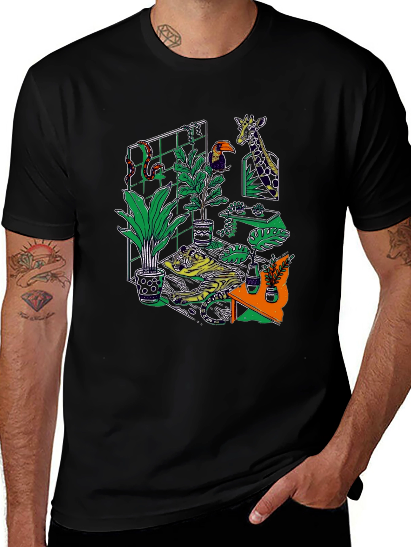 Jungle Scene Graphic Print Black T-Shirt
