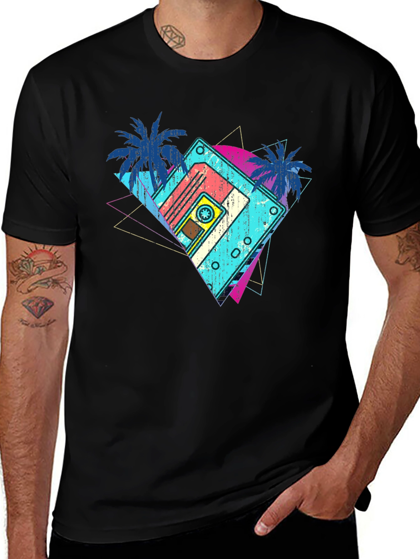 Variant 24 of Retro Cassette Tape & Palm Tree Graphic Tee - Black