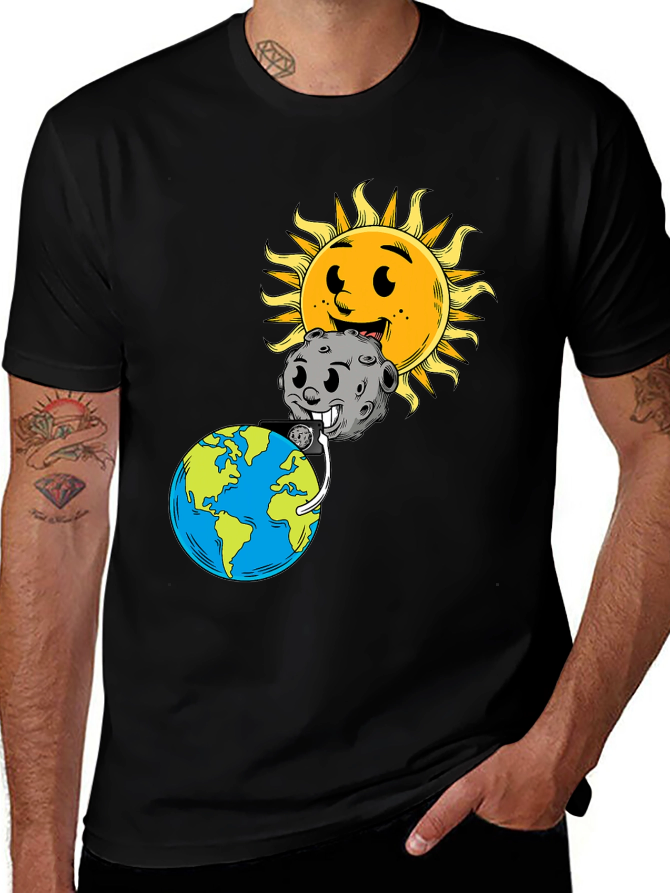 Variant 14 of Cartoon Earth, Moon & Sun Black Graphic Tee
