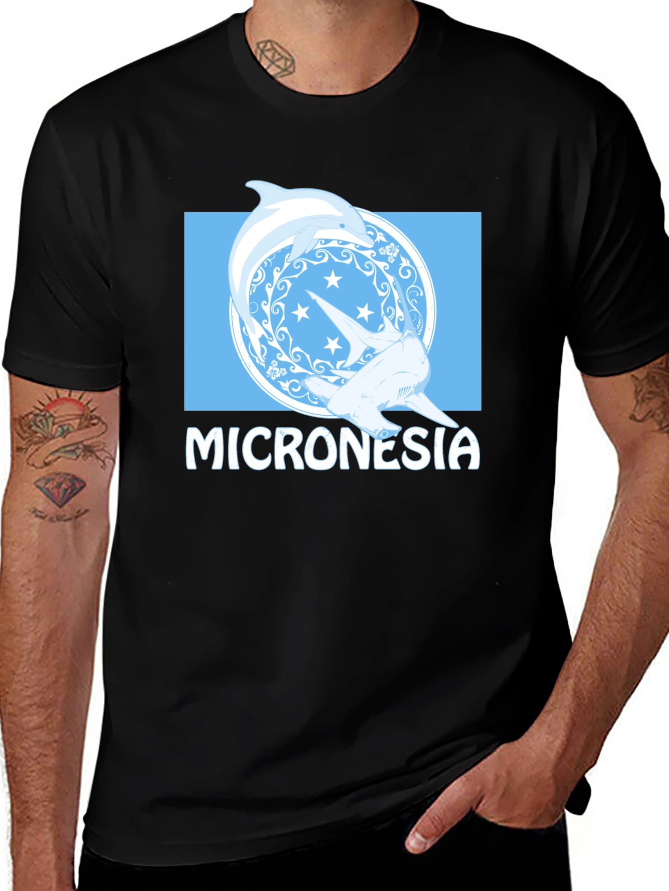 Micronesia Dolphin Shark Graphic Tee - Black Cotton T-Shirt