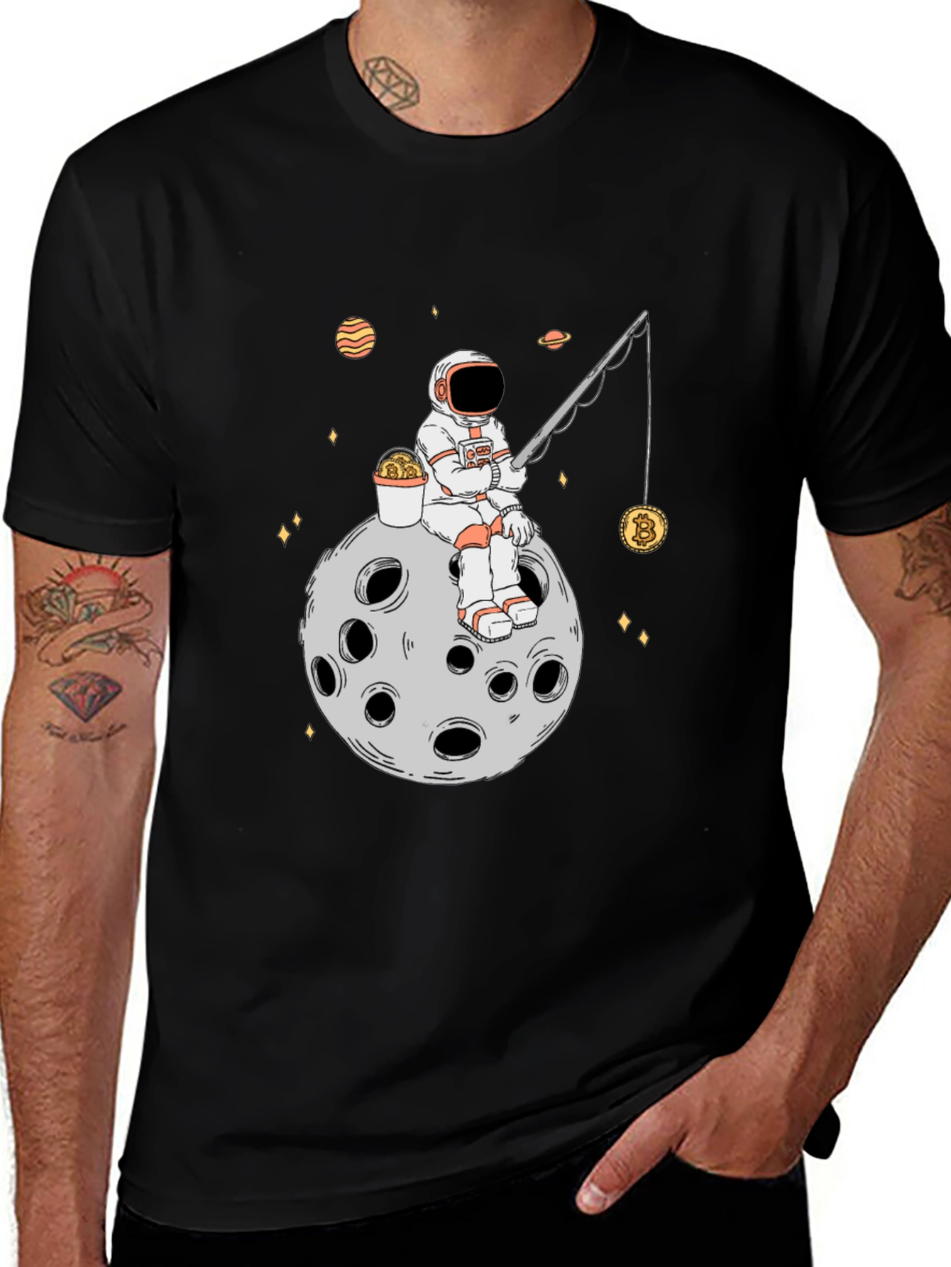 Variant 18 of Astronaut Bitcoin Fishing Black T-Shirt