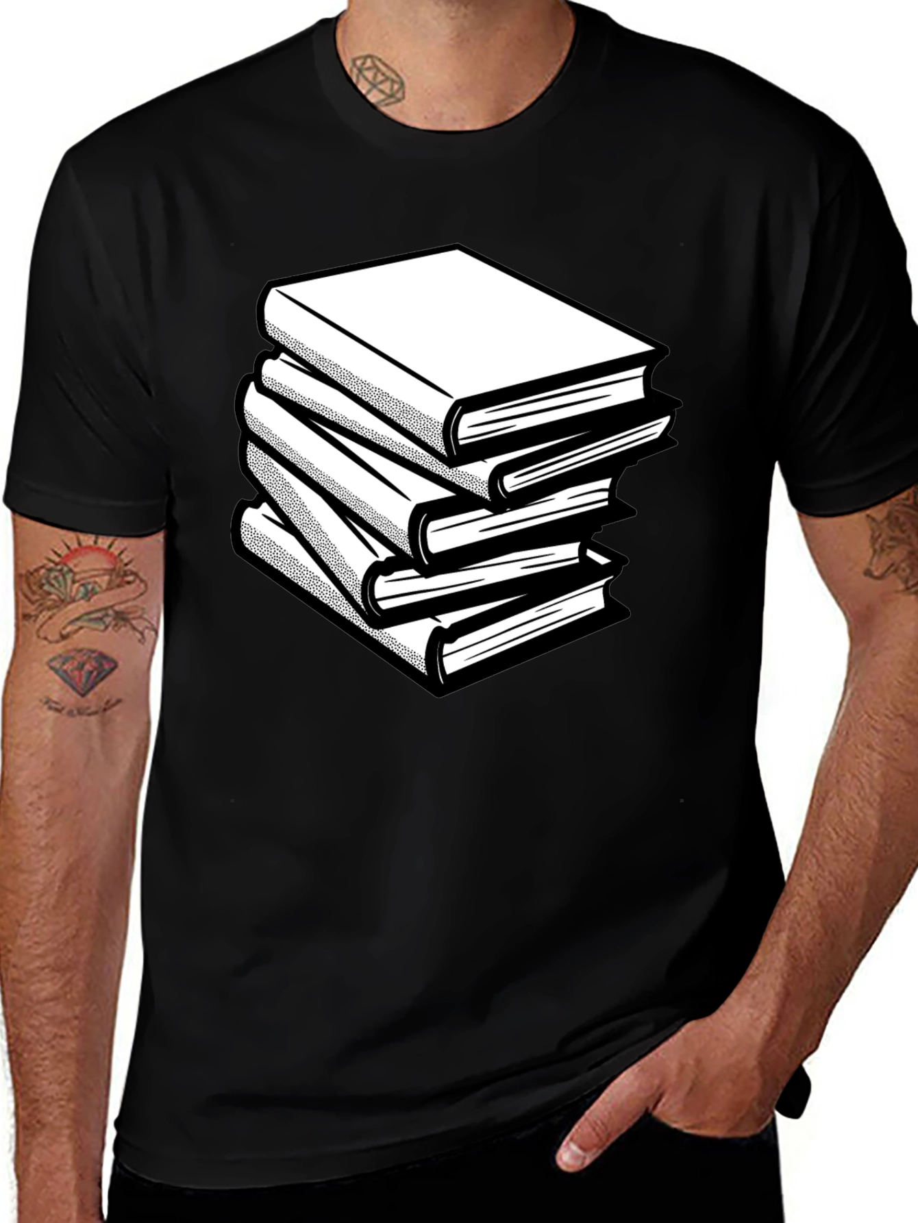 Variant 21 of Stacked Books Graphic Tee - Black Cotton Comfort