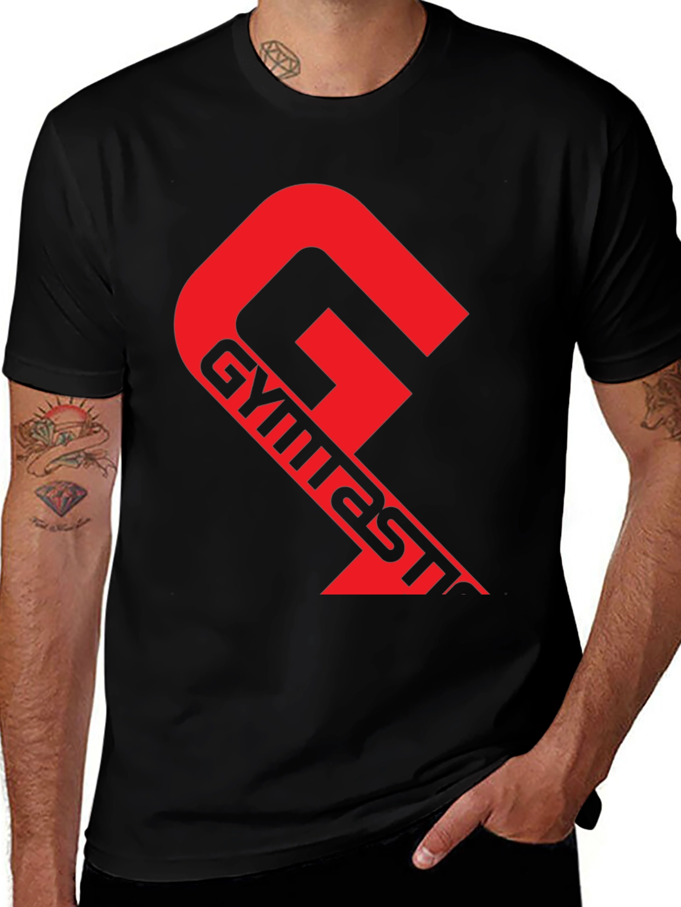 Variant 3 of Gymnastics Black T-Shirt Red Logo Design