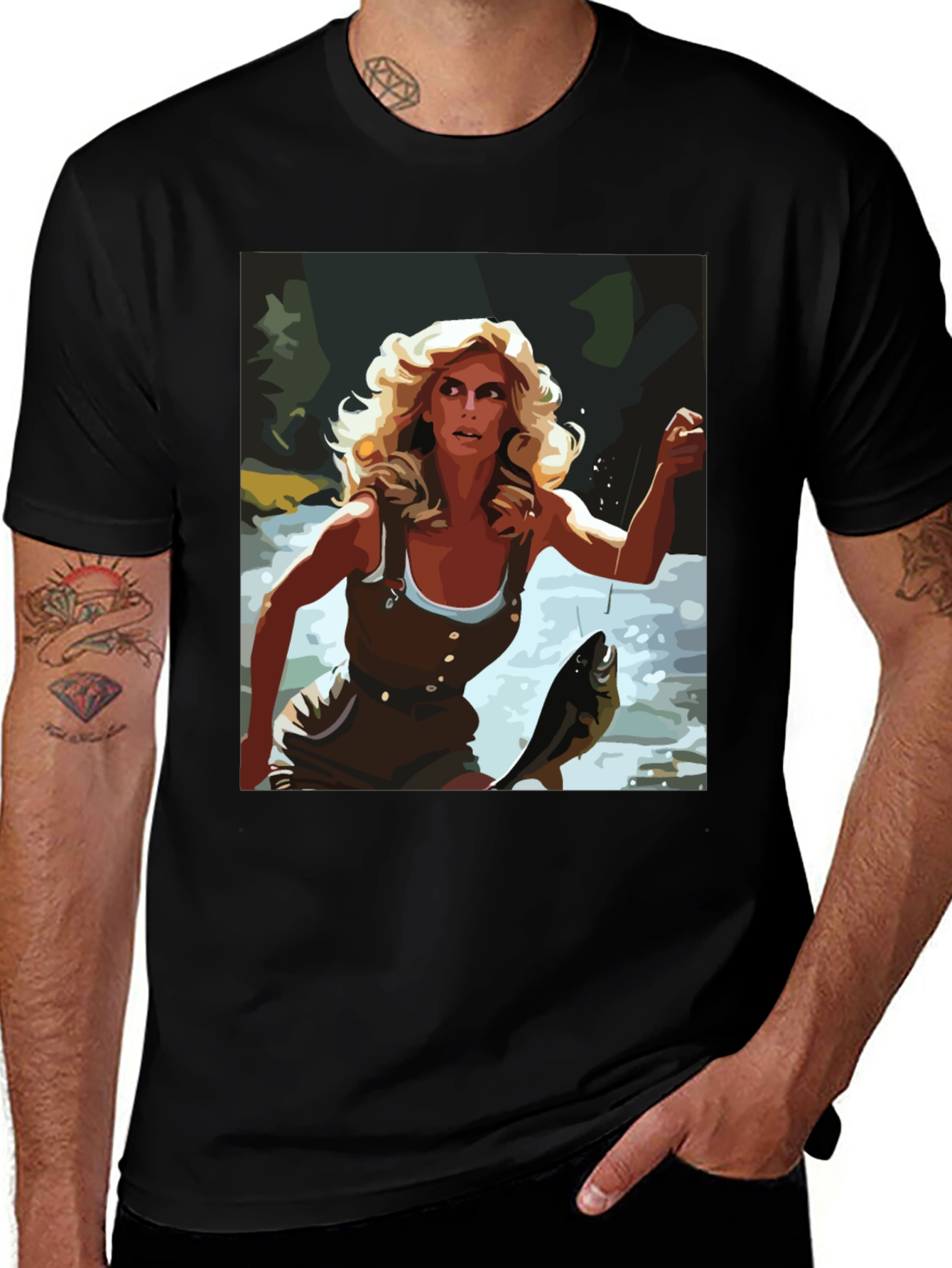 Variant 27 of Fishing Woman Graphic Tee - Black Casual Shirt