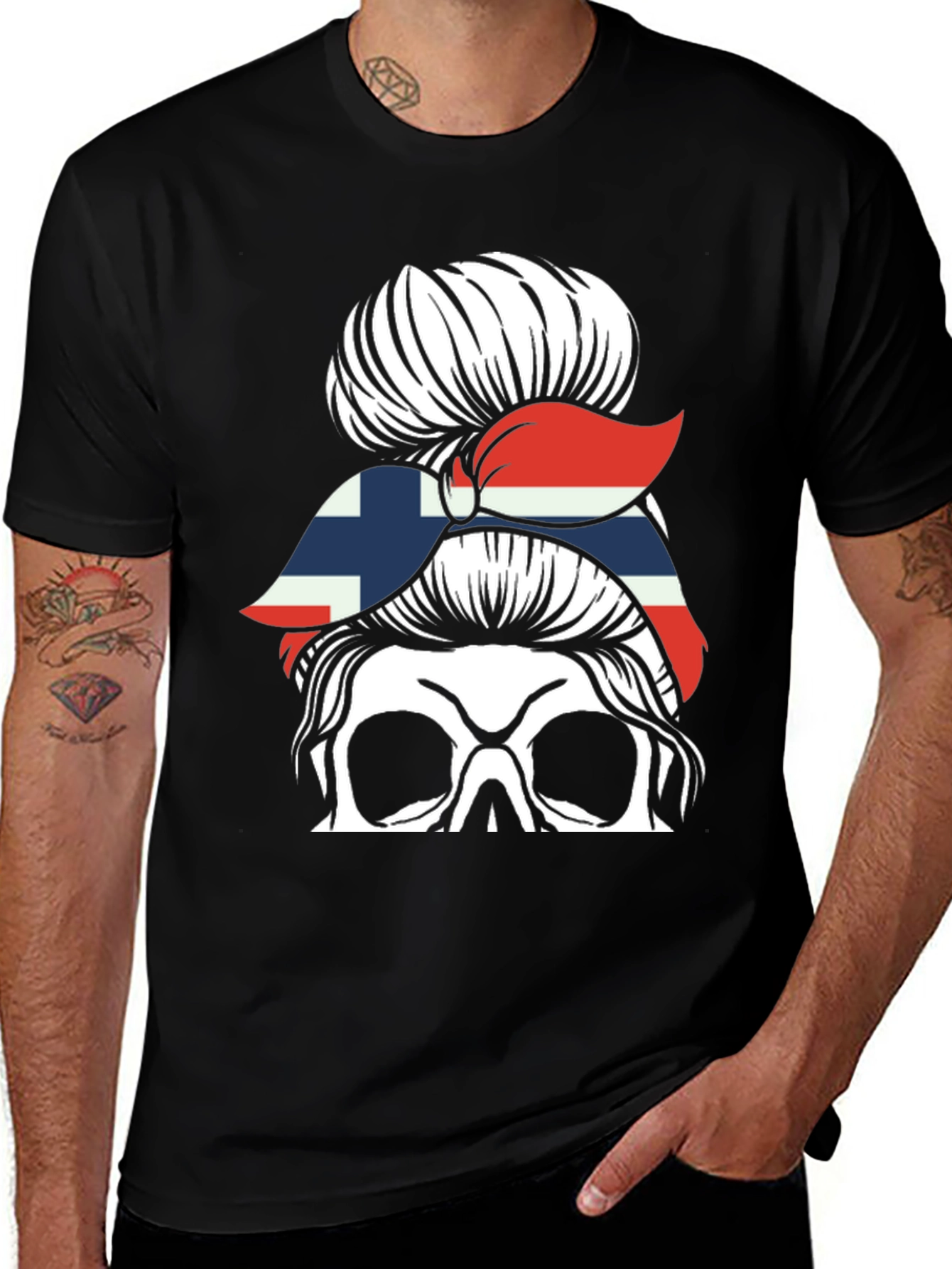 Messy Bun Skull Norway Flag T-Shirt