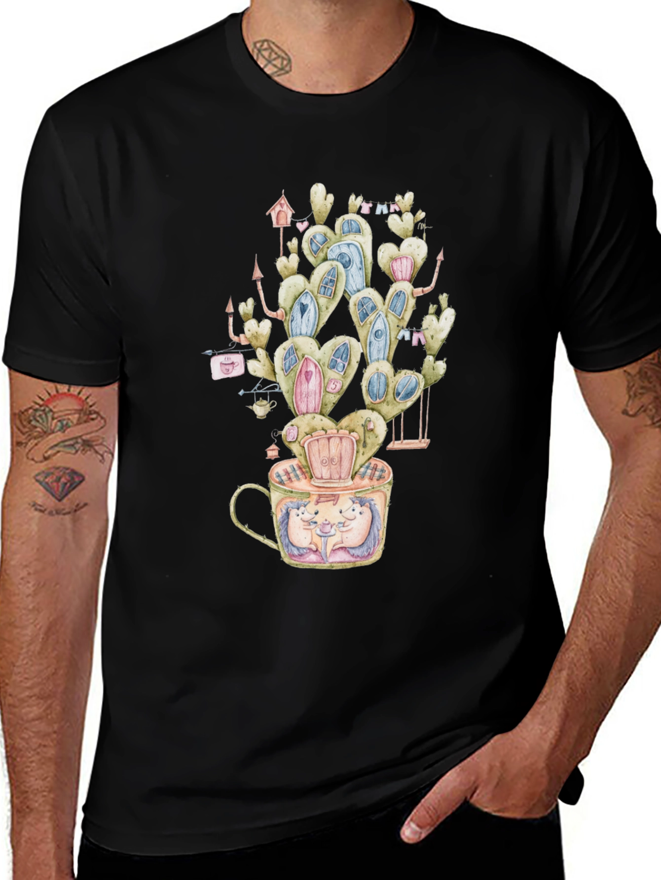 Black Whimsical Hedgehog Cactus Tee main image