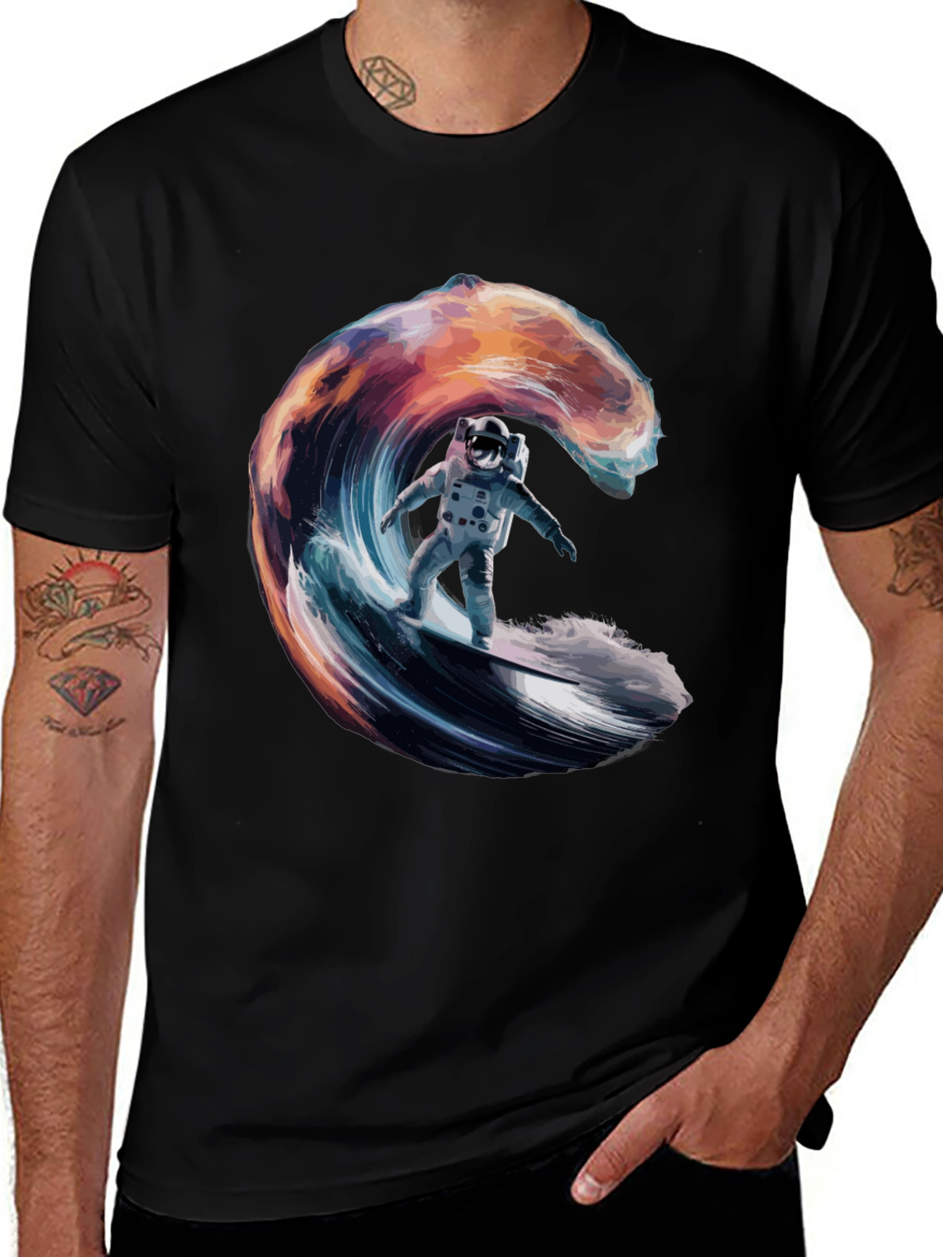 Variant 27 of Astronaut Surfing Wave Graphic Black T-Shirt