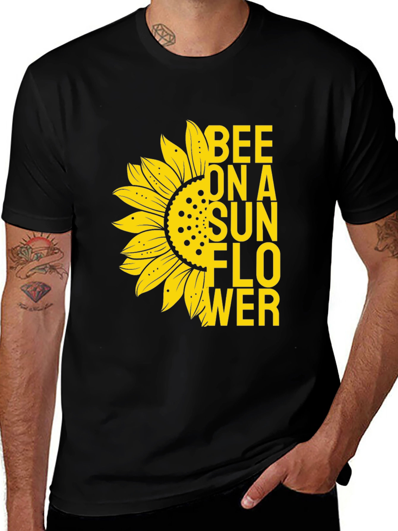 Variant 20 of Bee On A Sunflower Graphic Tee - Black Cotton T-Shirt