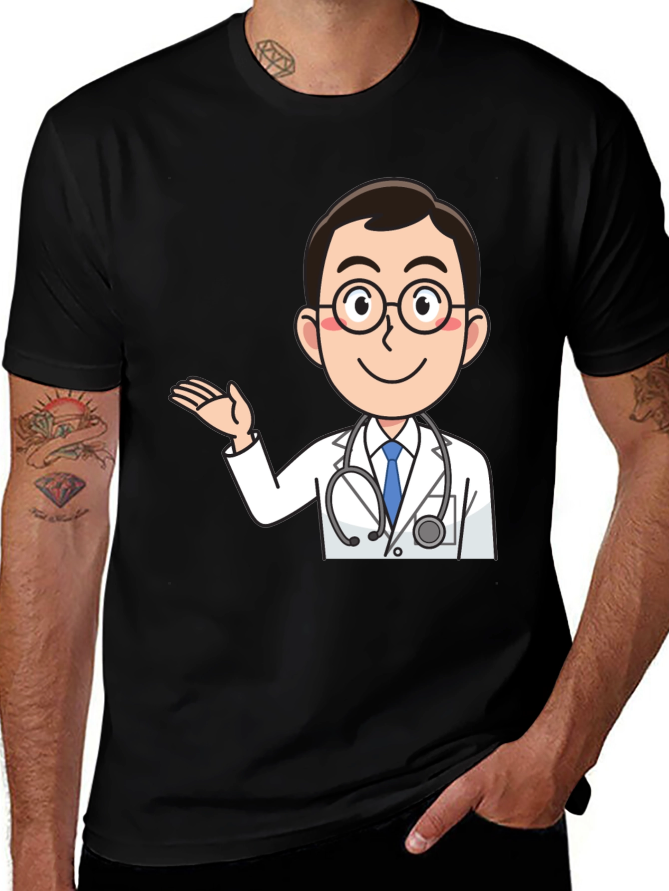 Variant 19 of Cartoon Doctor Graphic T-Shirt - Black Cotton Tee