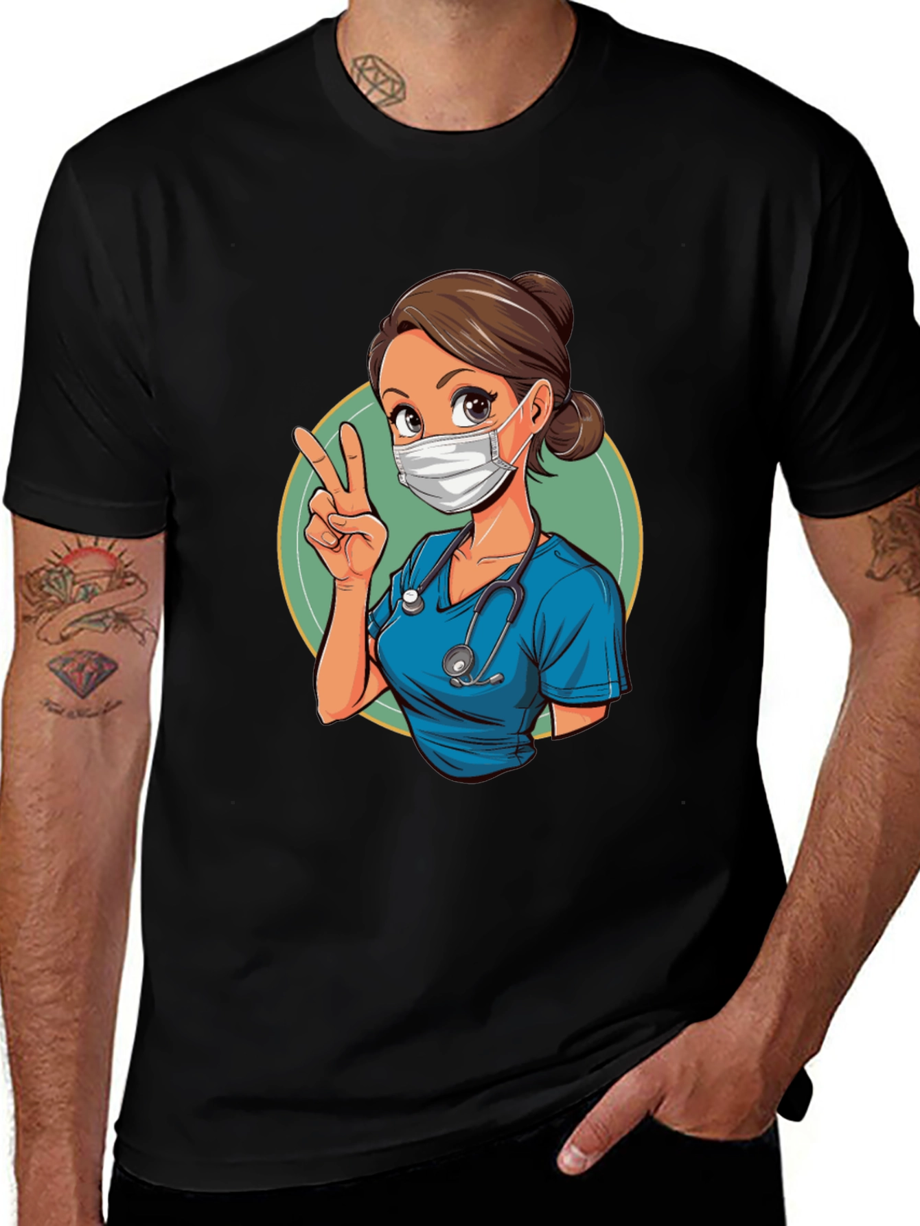 Variant 7 of Nurse Cartoon Graphic Print Black T-Shirt