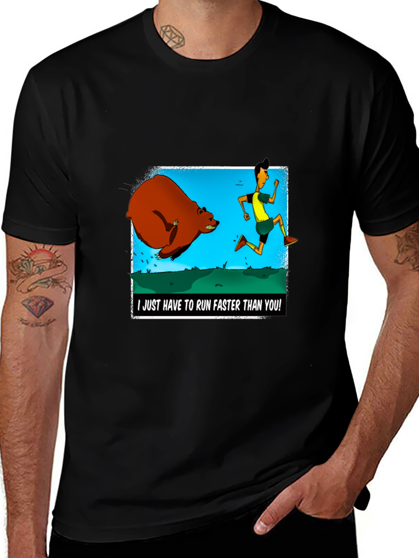 Black Run Faster Than You T-Shirt: Bear Chase Graphic Tee main image