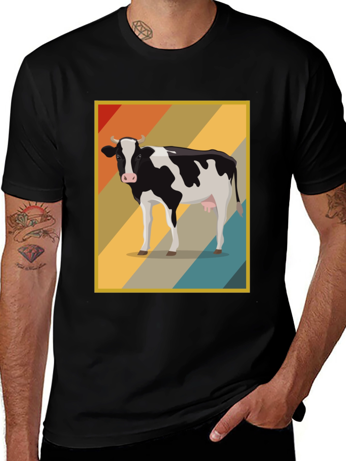 Black Retro Cow Graphic Tee - Farm Animal T-Shirt main image