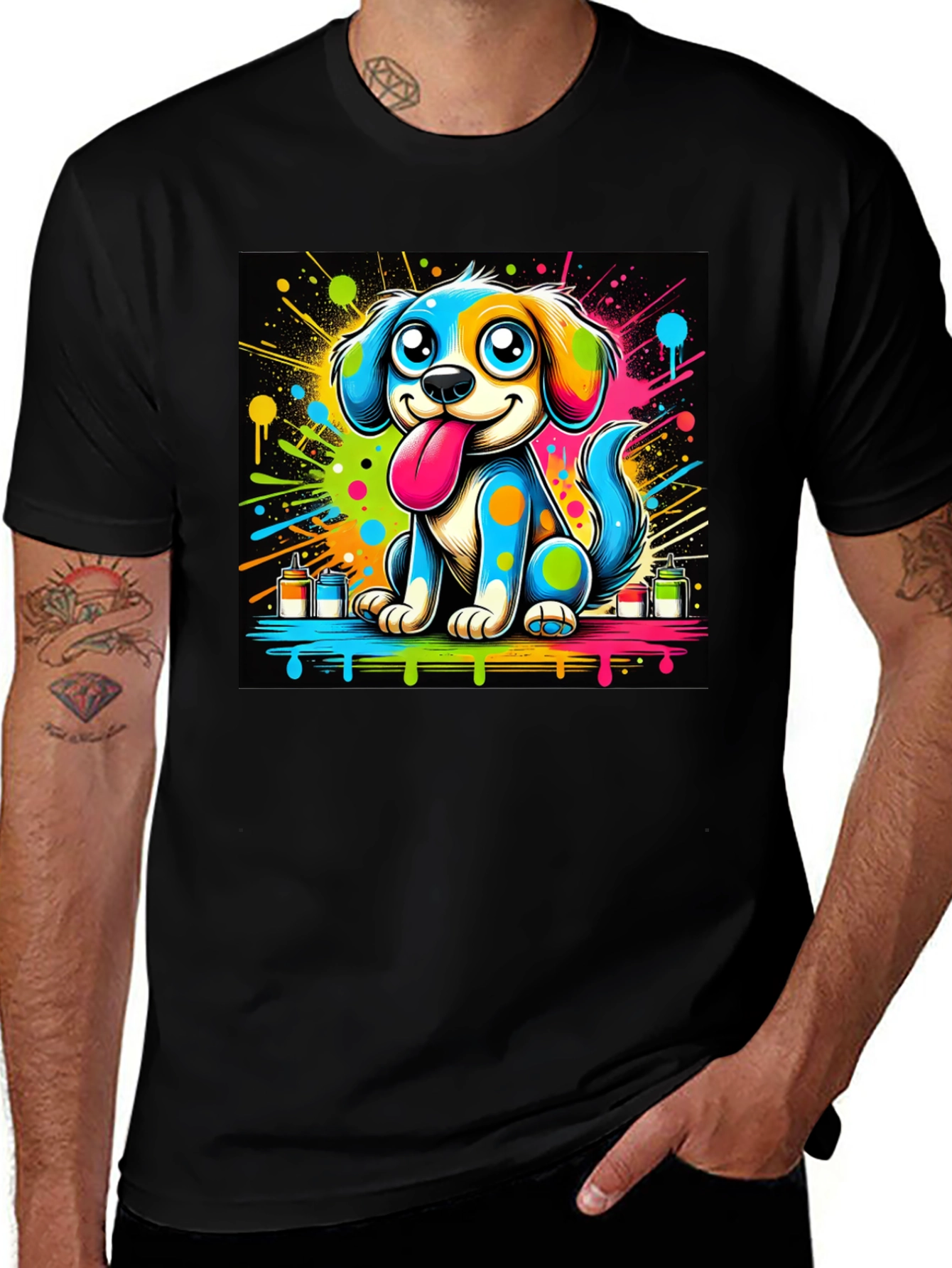 Black Colorful Cartoon Dog Graphic Tee main image