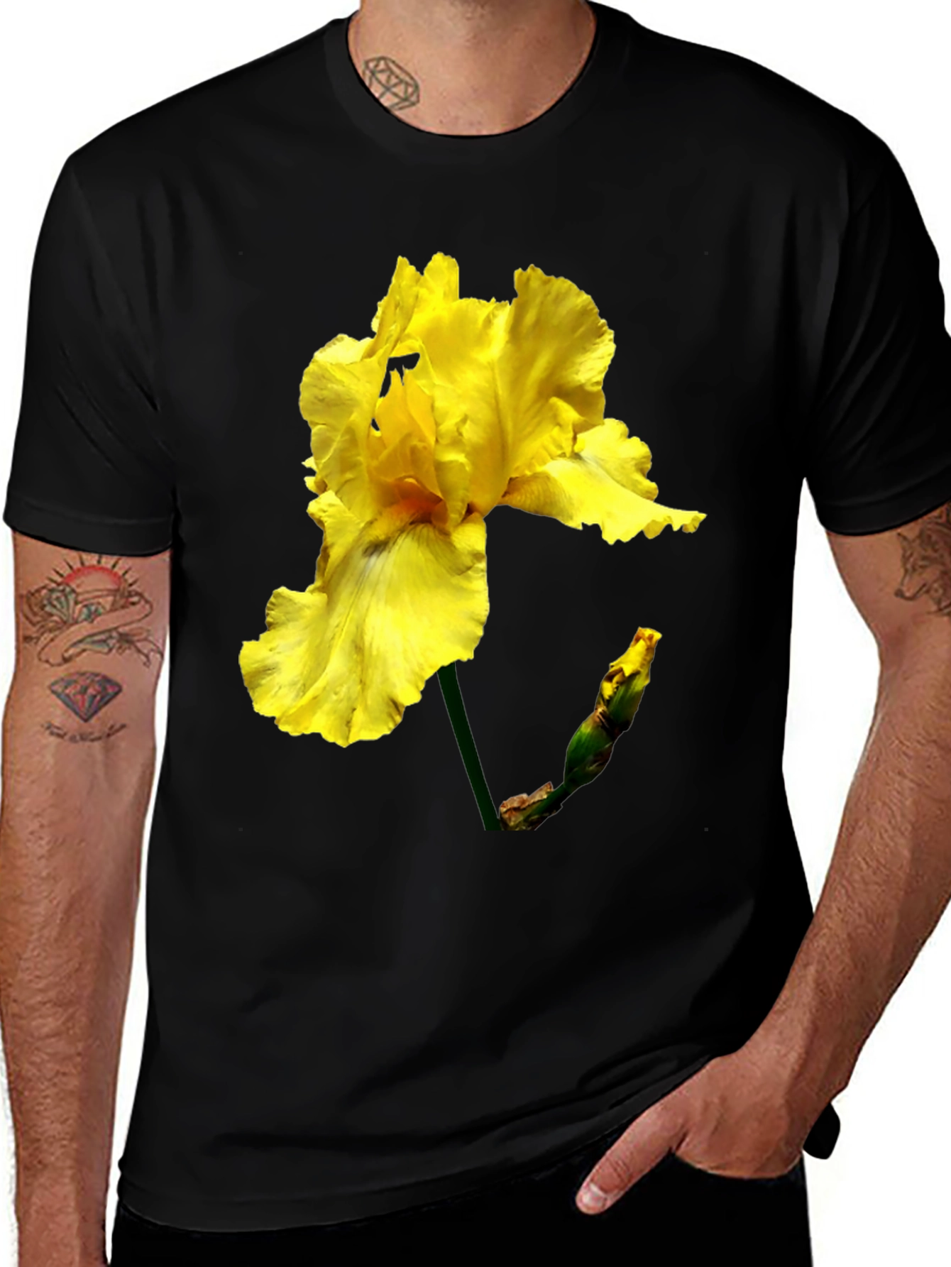 Yellow Iris Flower Graphic Tee - Black T-Shirt