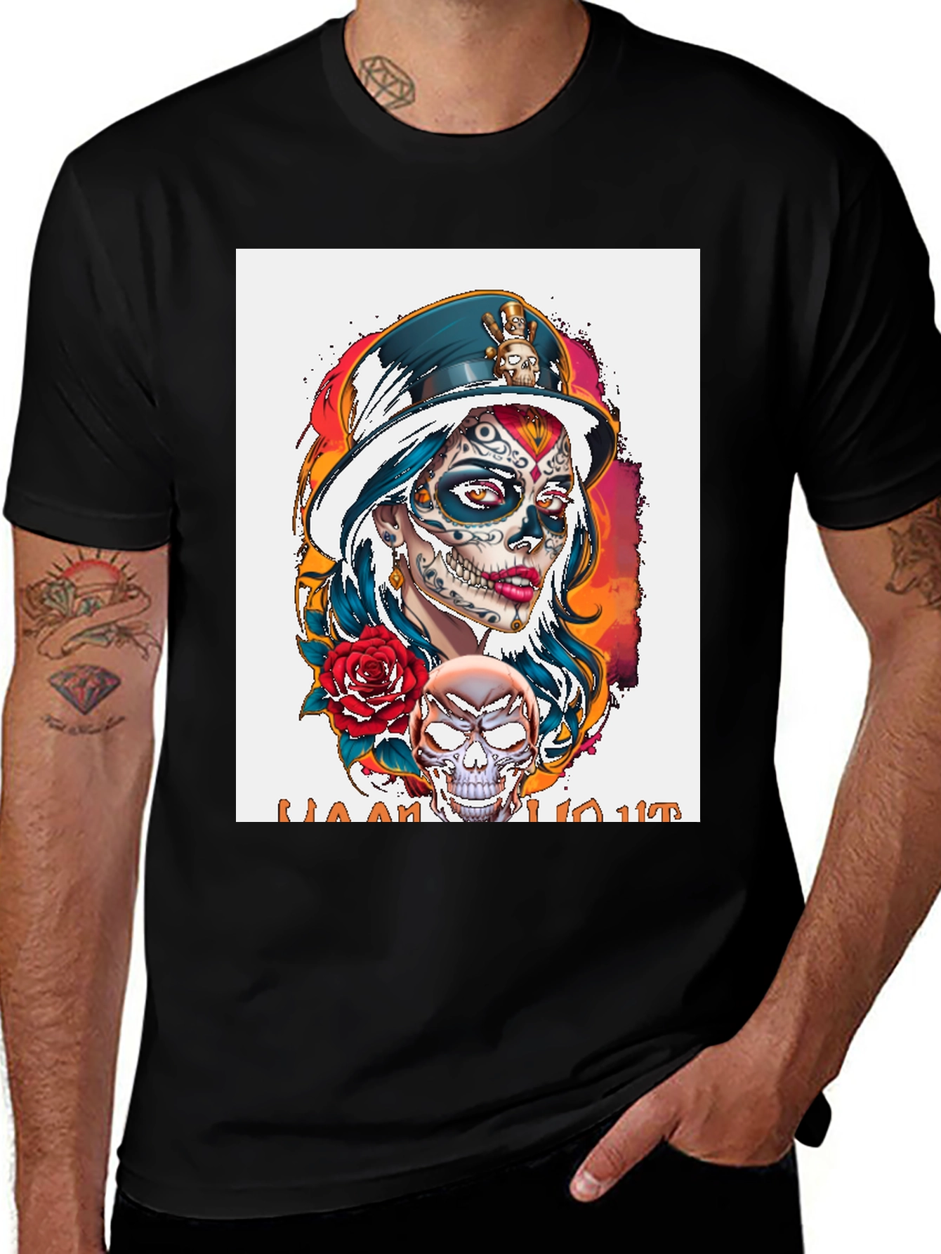 Variant 26 of Day of the Dead Sugar Skull T-Shirt - Black Cotton
