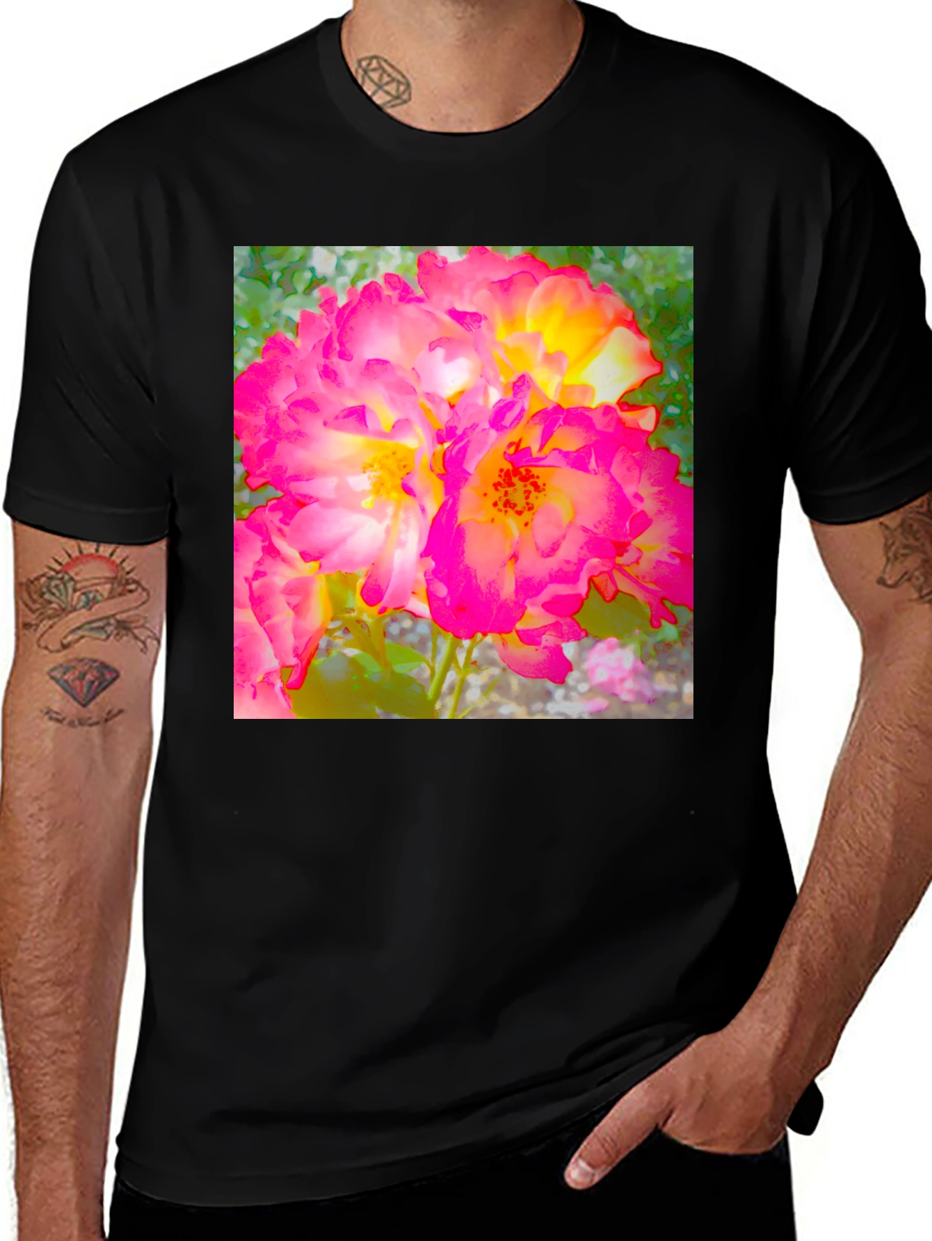 Variant 22 of Floral Print Black T-Shirt - Bold & Vibrant Design