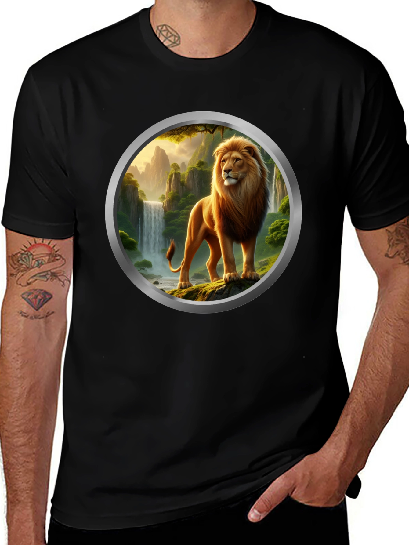 Variant 11 of Lion Waterfall Graphic Tee - Black Cotton Comfort
